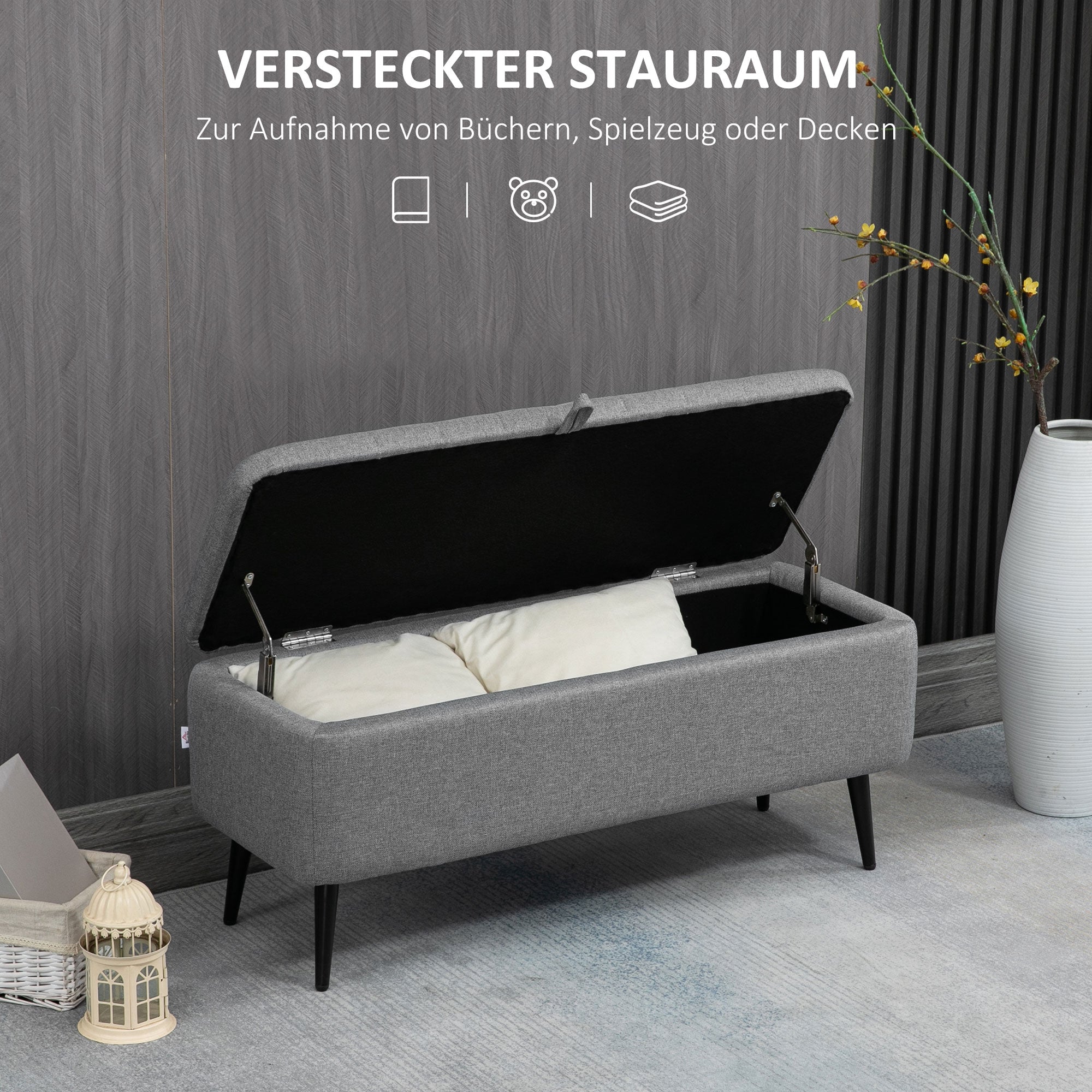 HOMCOM Sitzbank mit Stauraum Polsterbank mit Leinenoptik, Sitztruhe mit Stahlbeine 102 x 40 x 44 cm, Grau