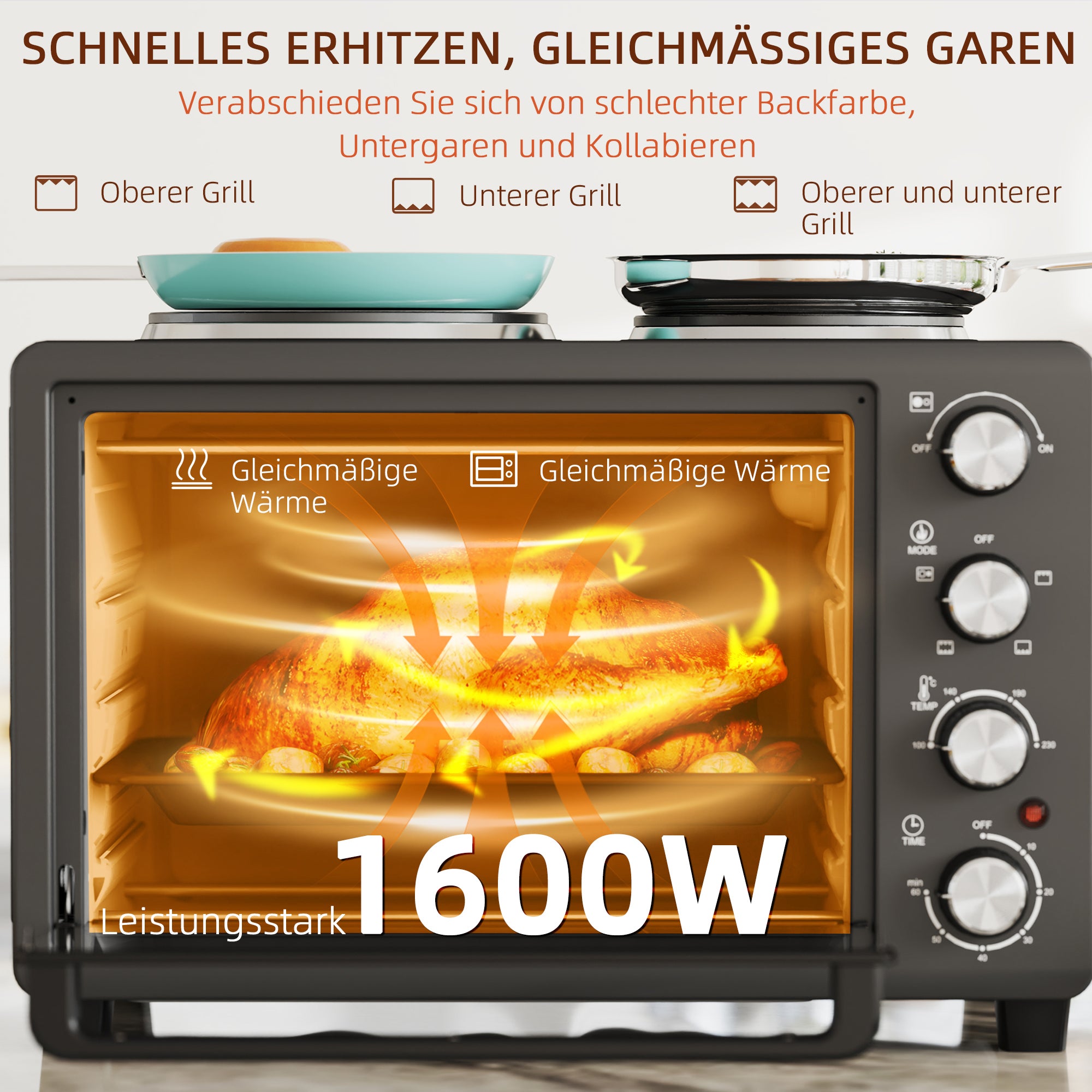 HOMCOM 28 L Toasterofen, Kompakter Backofen zum Kochen und Grillen, Elektro-Ofen mit Backblech, Grillrost, 2600W, Schwarz