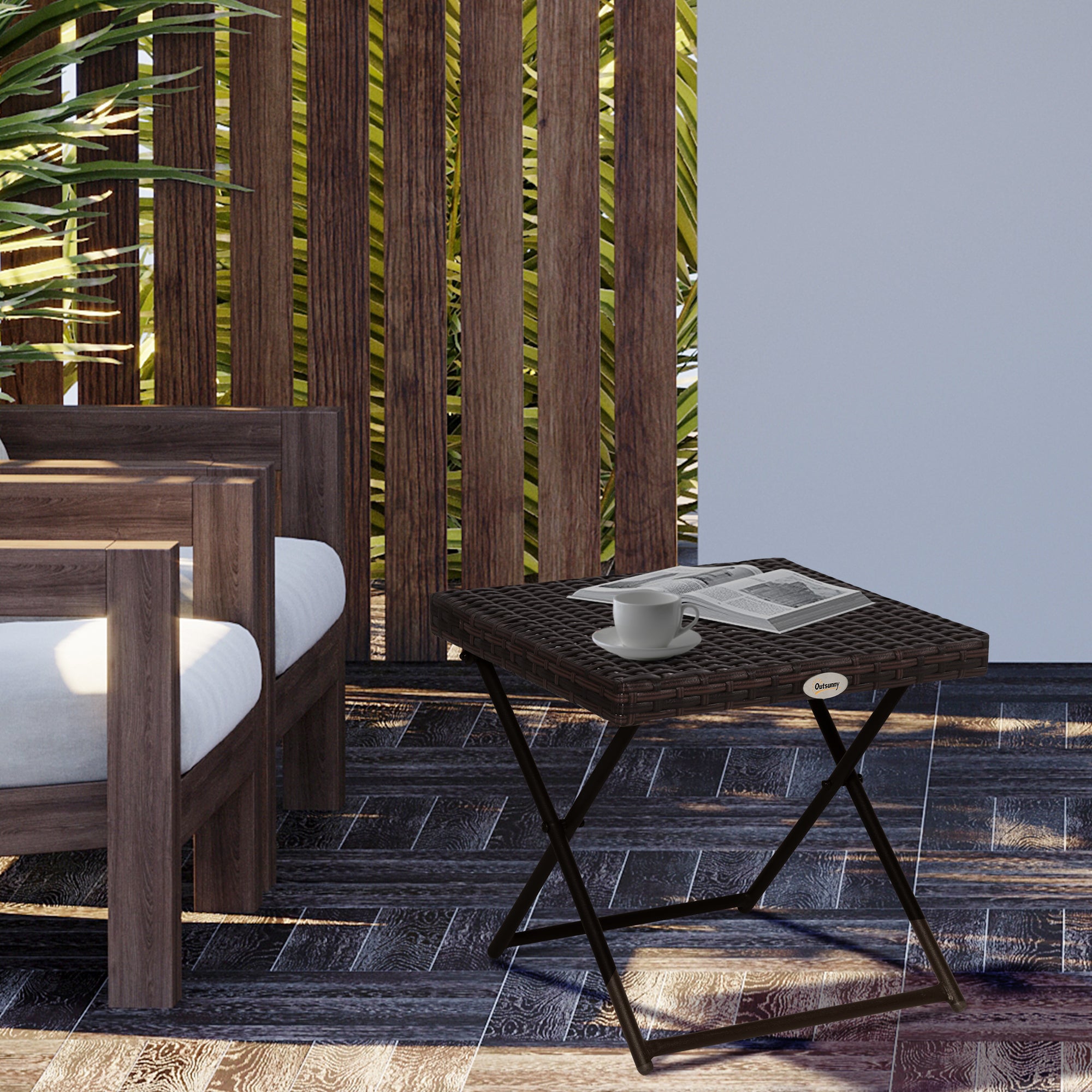Outsunny Beistelltisch aus Polyrattan klappbar Kaffeetisch Couchtisch Tablett Balkontisch Gartentisch Sofatisch Teetisch Gartenmöbel Rattantisch für Garten Terrasse Balkon, 40x40x40cm Braun