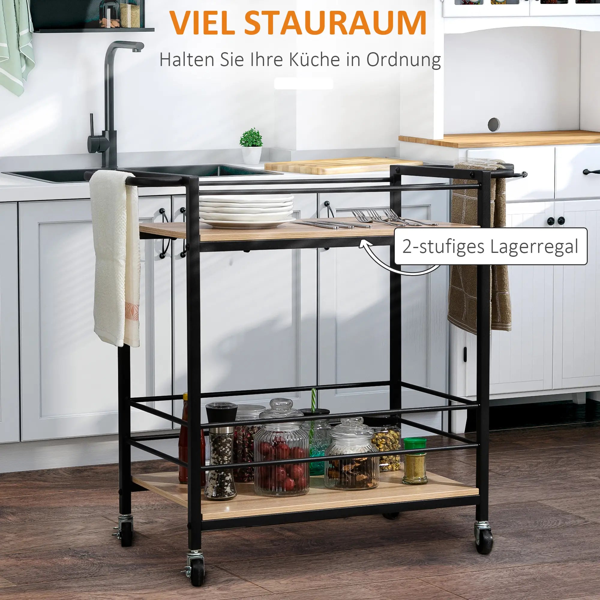 HOMCOM Küchenwagen Servierwagen mit 2 Ablagen, Reling, Stahl, Schwarz+Holz 82 x 40 x 75cm