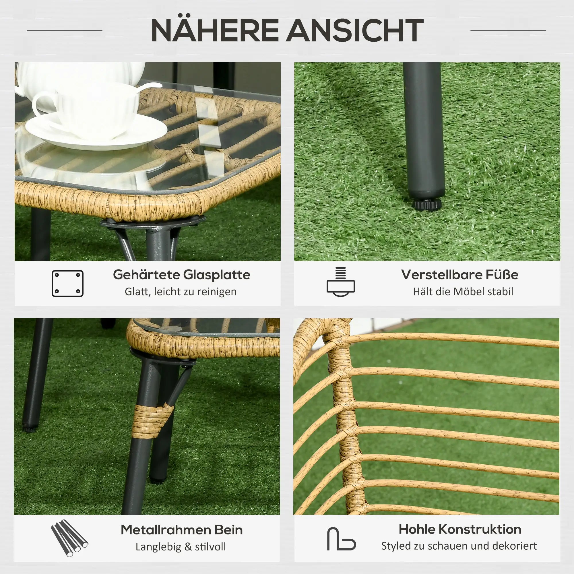 Outsunny Gartenmöbel-Set für 4 Personen, Rattan Sitzgarnitur mit Kissen, Balkonmöbel im Boho-Stil, Sand+Dunkelgrau