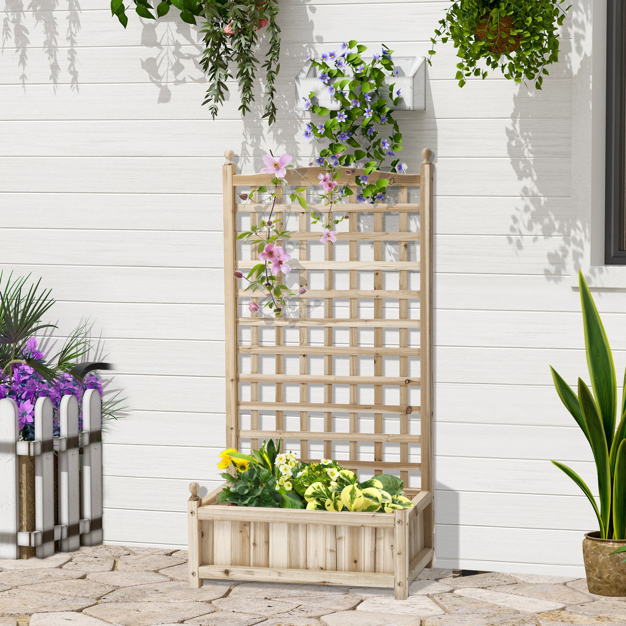 Outsunny Hochbeet Pflanzkasten mit Rankgitter Blumenkasten Rankkasten Rosenbogen mit Rankhilfe für Kletterpflanzen Garten Holz Natur 64 x 28 x 120 cm