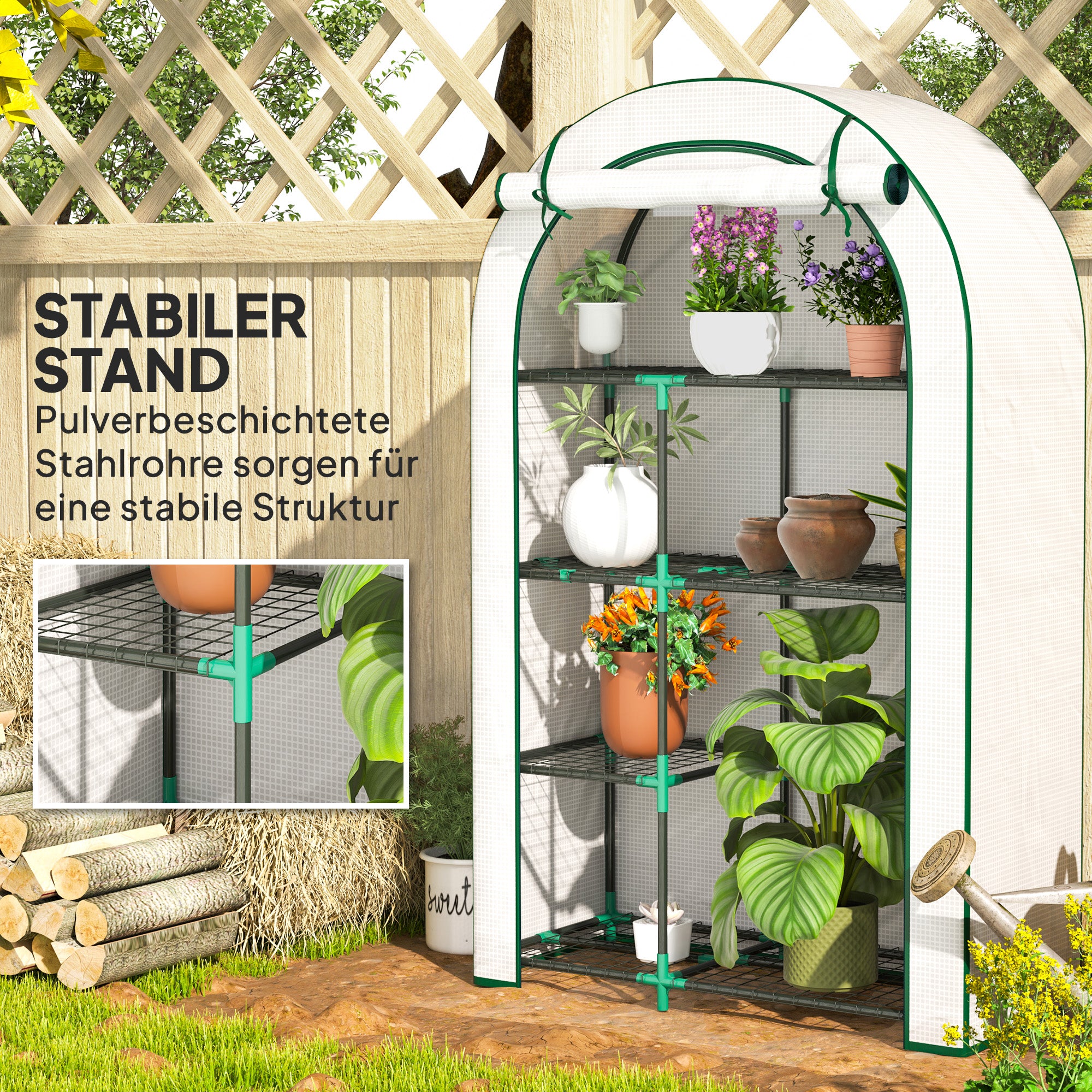 Outsunny Mini-Gewächshaus, 4-stufiges Gewächshaus mit Kunststoff-Plane, tragbar, Rolltür, 100 x 45 x 160 cm, Weiß