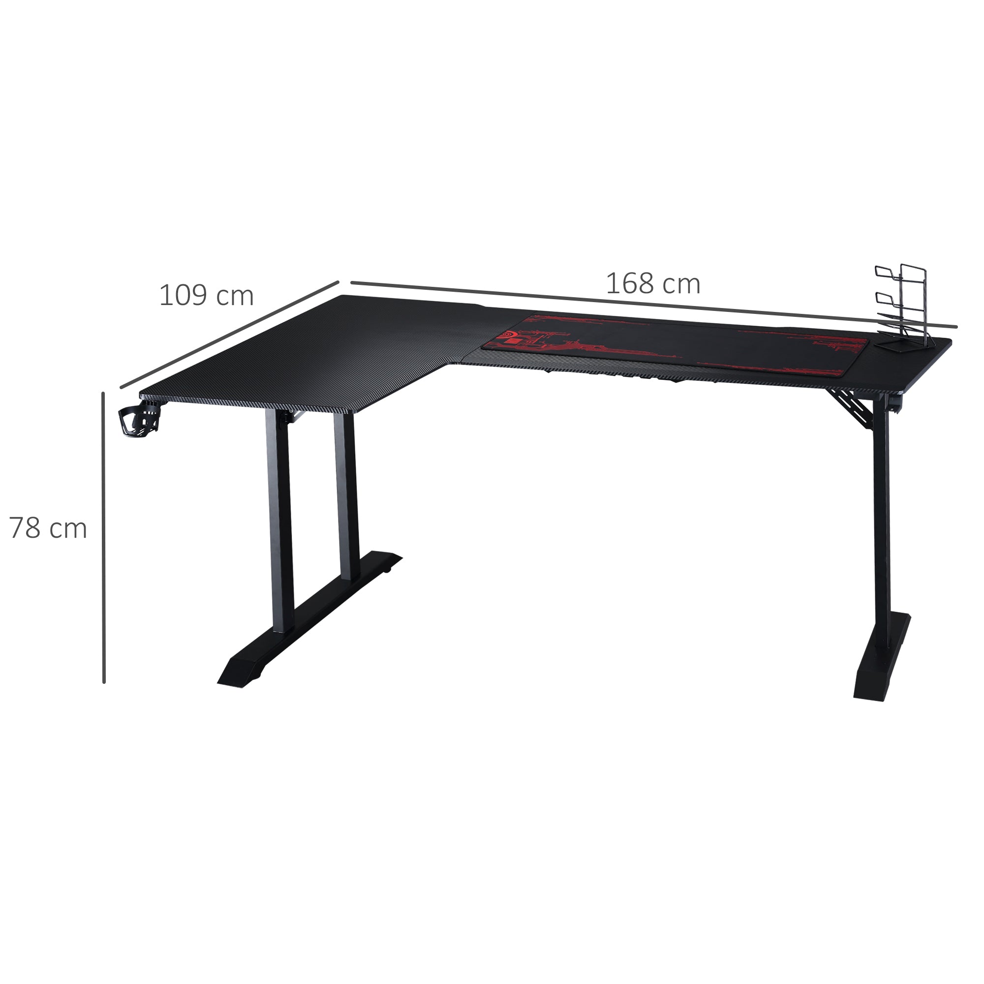 HOMCOM Gaming Tisch Schreibtisch L-förmige mit Kopfhörerhaken Getränkehalterung Computertisch MDF Metall Schwarz+Rot 168 x 109 x 78 cm