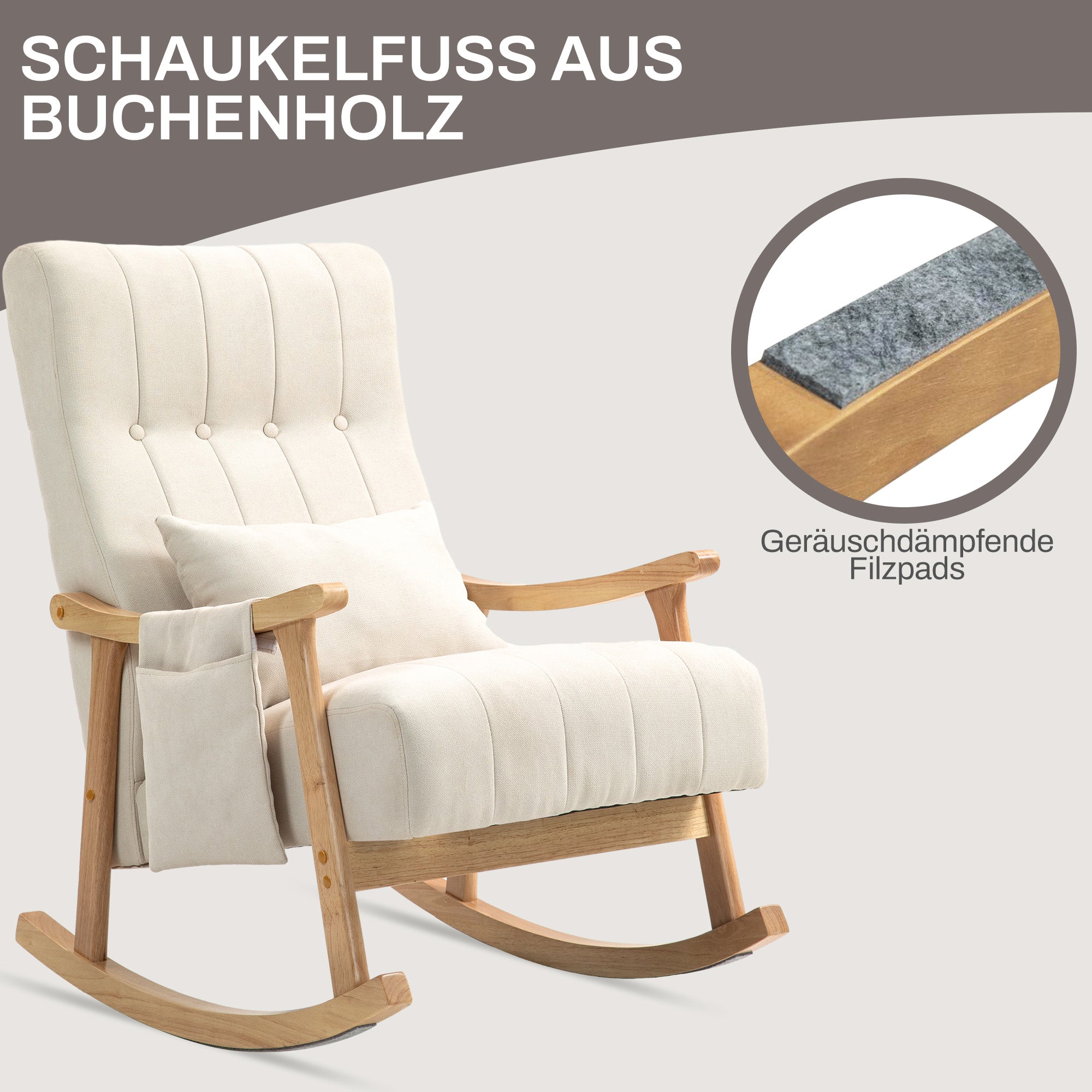 HOMCOM Schaukelstuhl mit Nierenkissen, breiter Sitz, Buchenrahmen, bis 120 kg, Beige