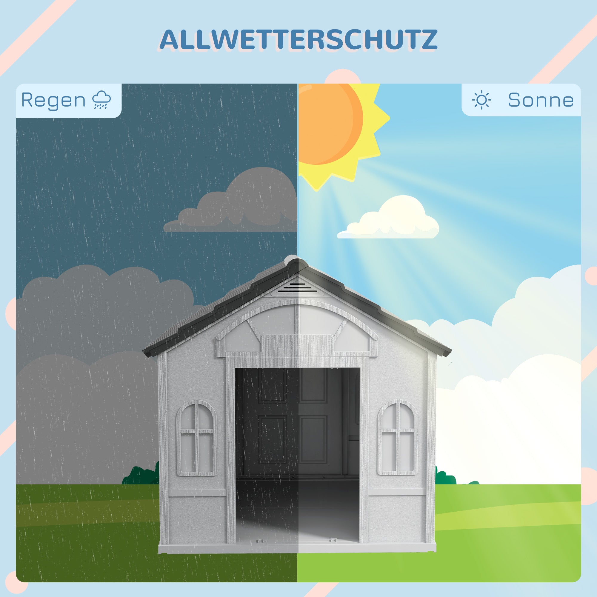 PawHut Hundehütte mit Satteldach, wetterfest, Kunststoff, 65 x 75,7 x 63 cm, Grau