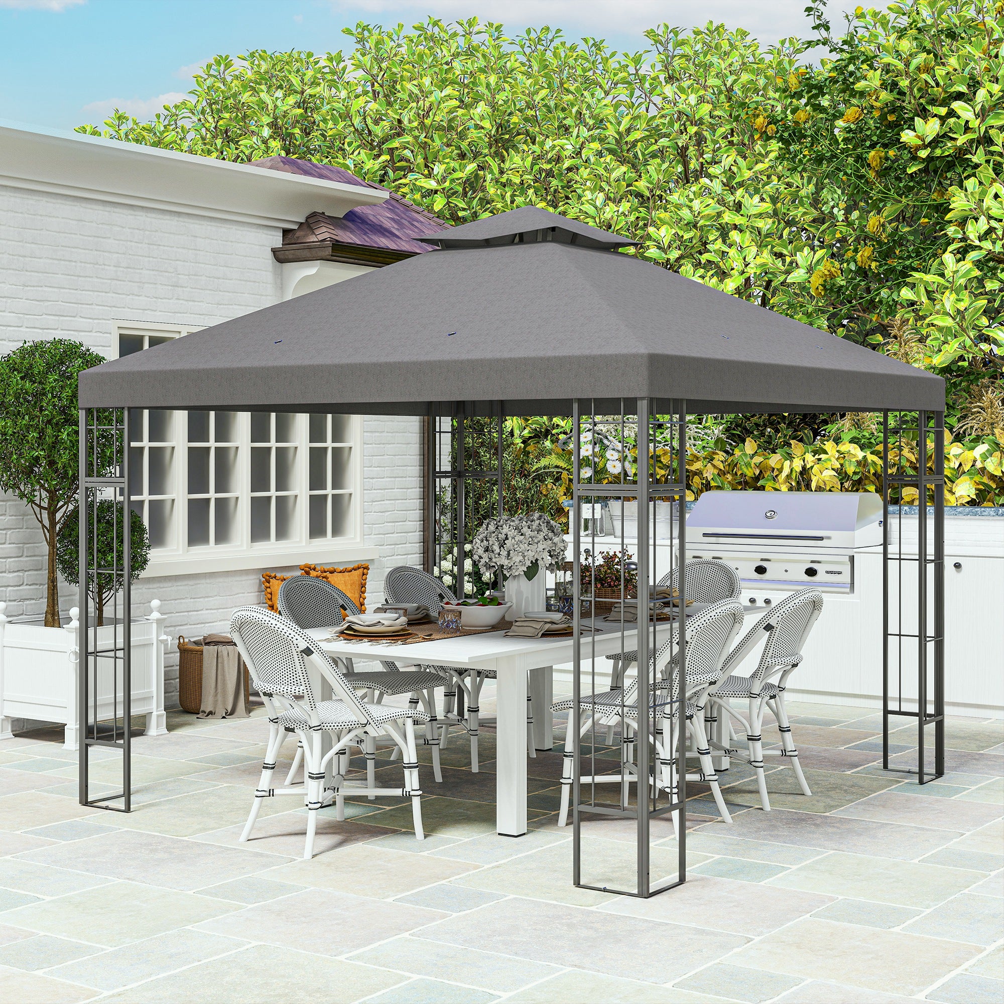 Outsunny 3 x 3 m Garten-Pavillon, 2-Stufen-Dach-Design, UV30+ Schutz, UV-beständig, Sonnenschutz, Metallrahmen, Dunkelgrau