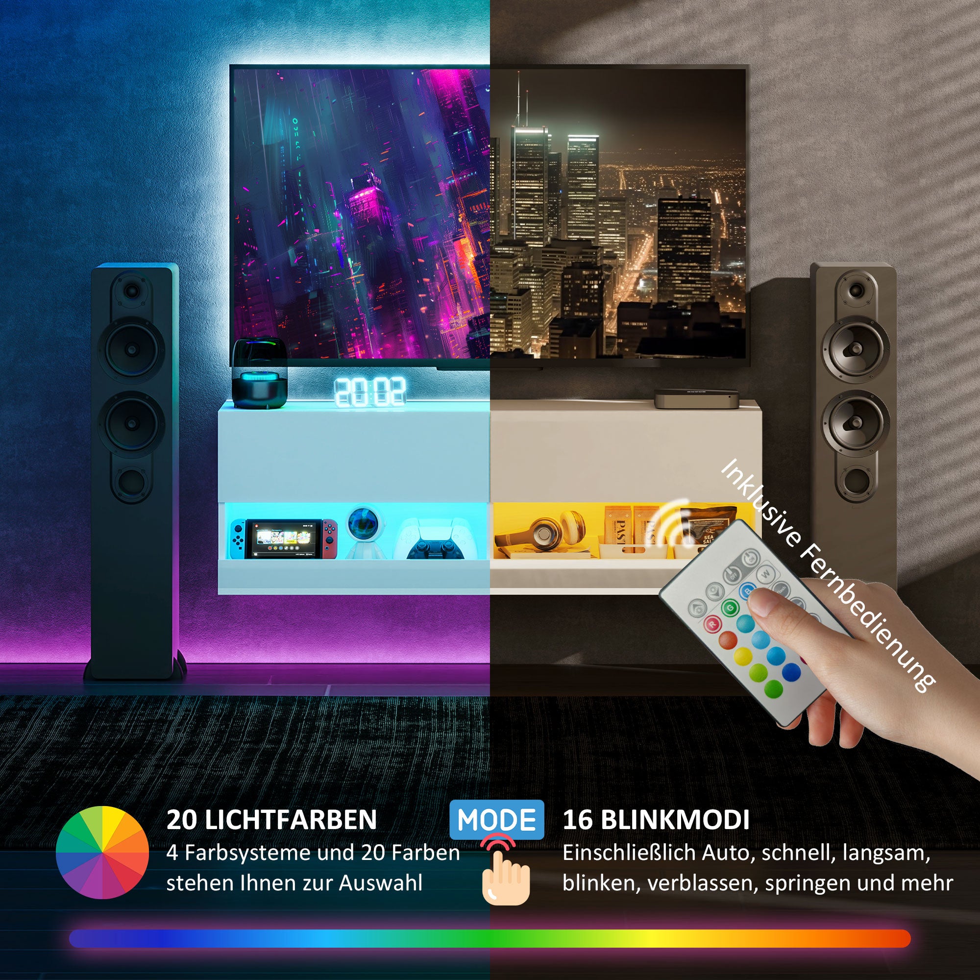 HOMCOM TV-Hängeschrank mit LED-Beleuchtung, 16 Blinkmodi, Wandmontierter TV-Schrank, Offene Regale, 120 x 35 x 40,5 cm, Weiß