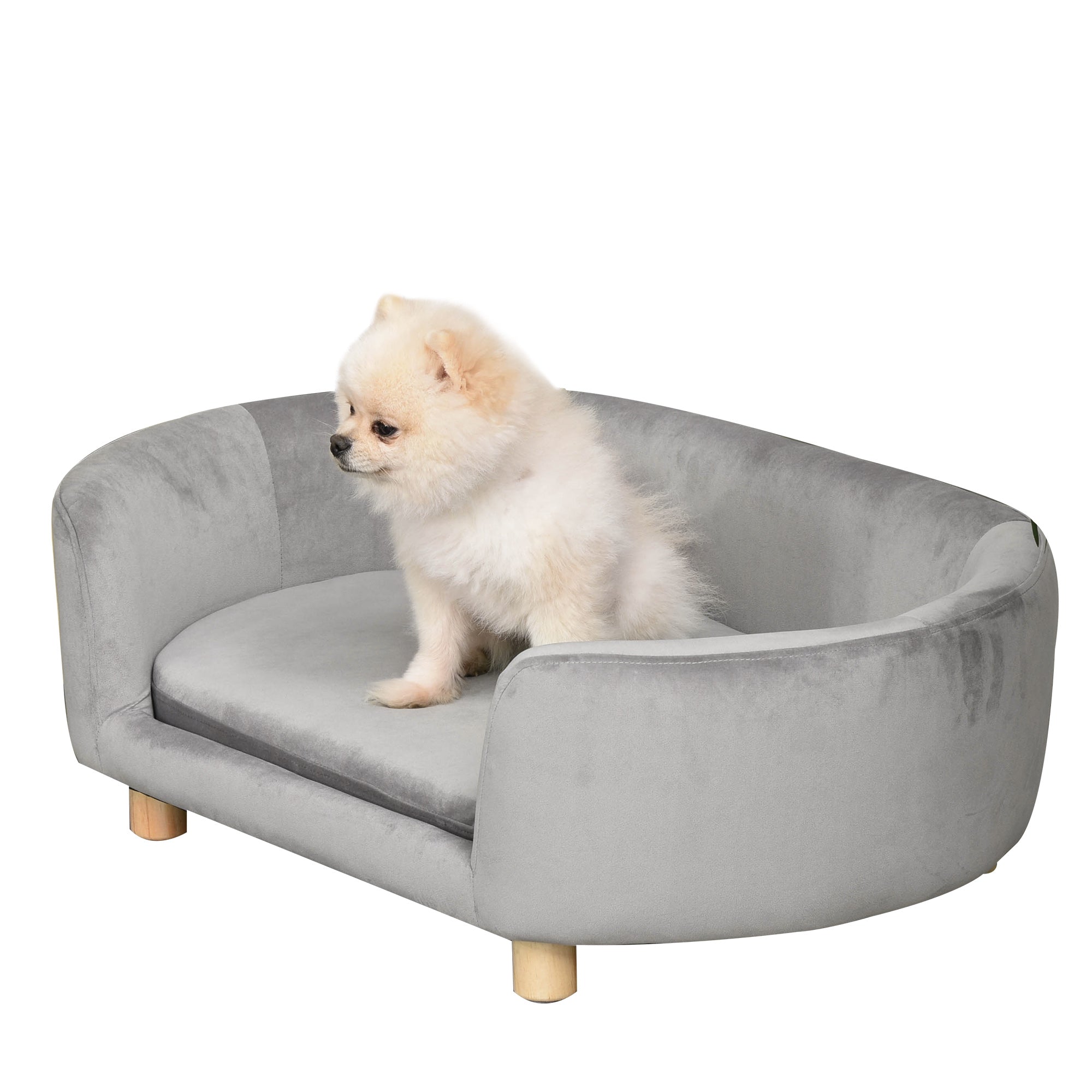 PawHut Haustiersofa Hundesofa Hundebett mit Holländischer Samt Schaumstoff Birke Bein für Katzen Hunde 86 x 55 x 33 cm Hellgrau