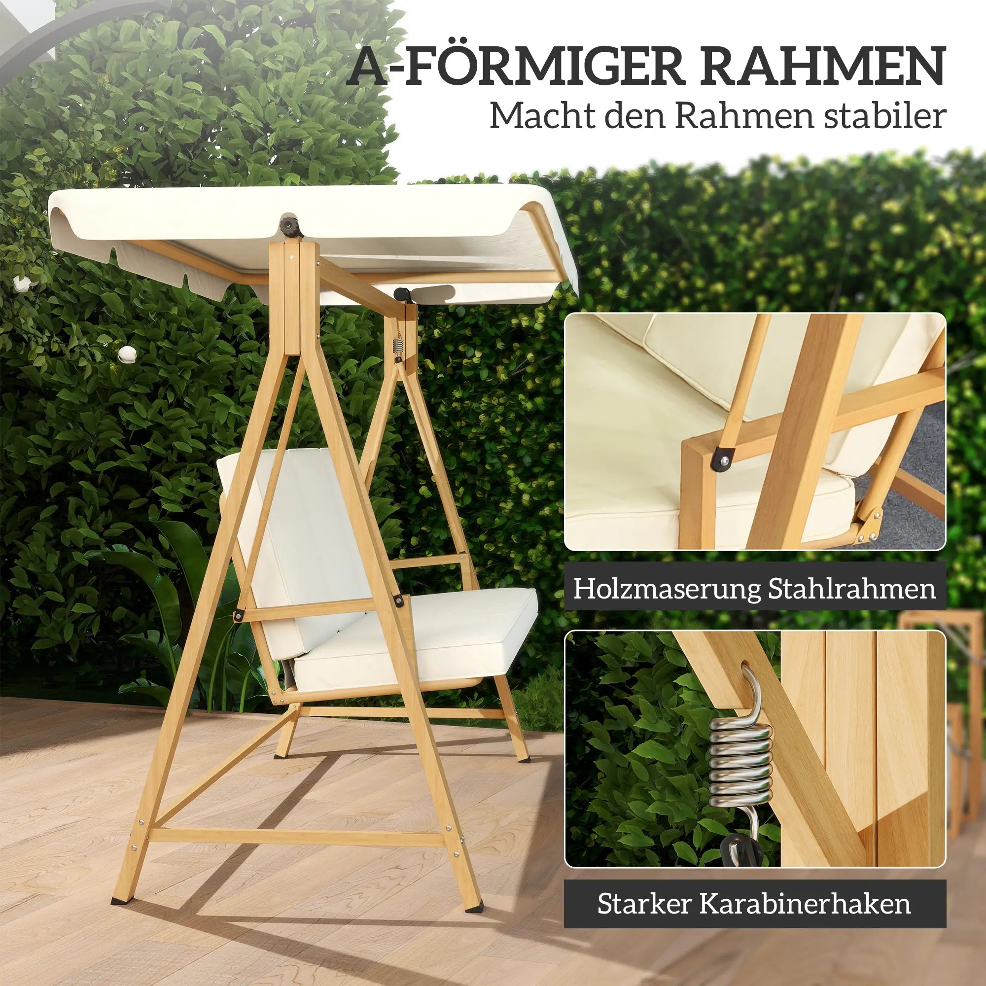 Outsunny Hollywoodschaukel mit verstellbarem Sonnendach Sitzauflage, 3-Sitzer bis 330kg 198 x 120 x 170cm, Beige