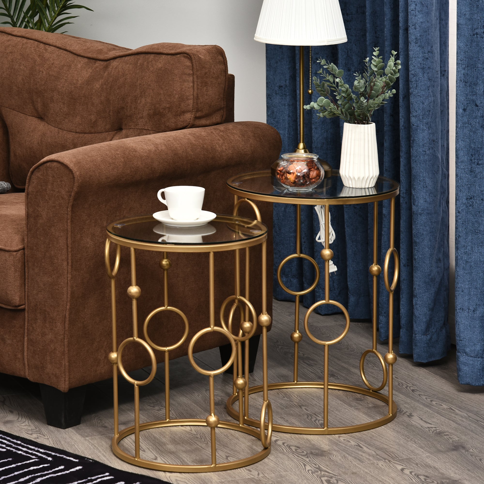 HOMCOM 2er-Set Couchtisch, Beistelltisch mit Glasplatte, Wohnzimmertisch mit Reifen- und Kugeldesign Ø41 x 57 cm, Gold
