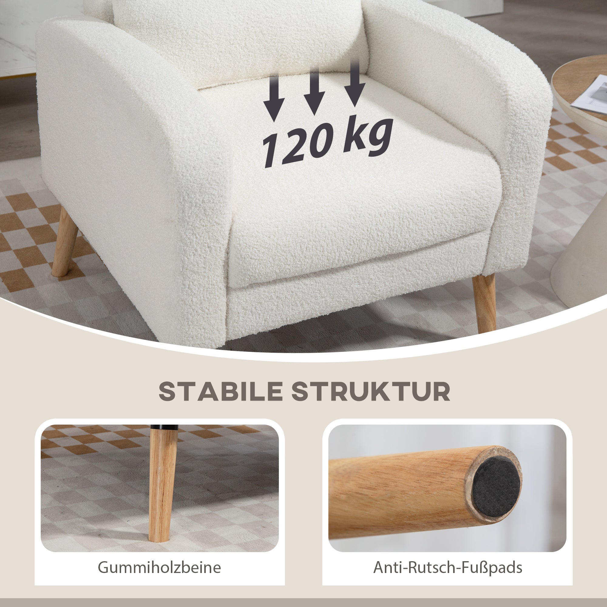HOMCOM Moderner Armlehnstuhl, Polstersessel mit Kautschukholzbeinen, Lendenkissen, für Wohnzimmer, Schlafzimmer, Büro, Weiß