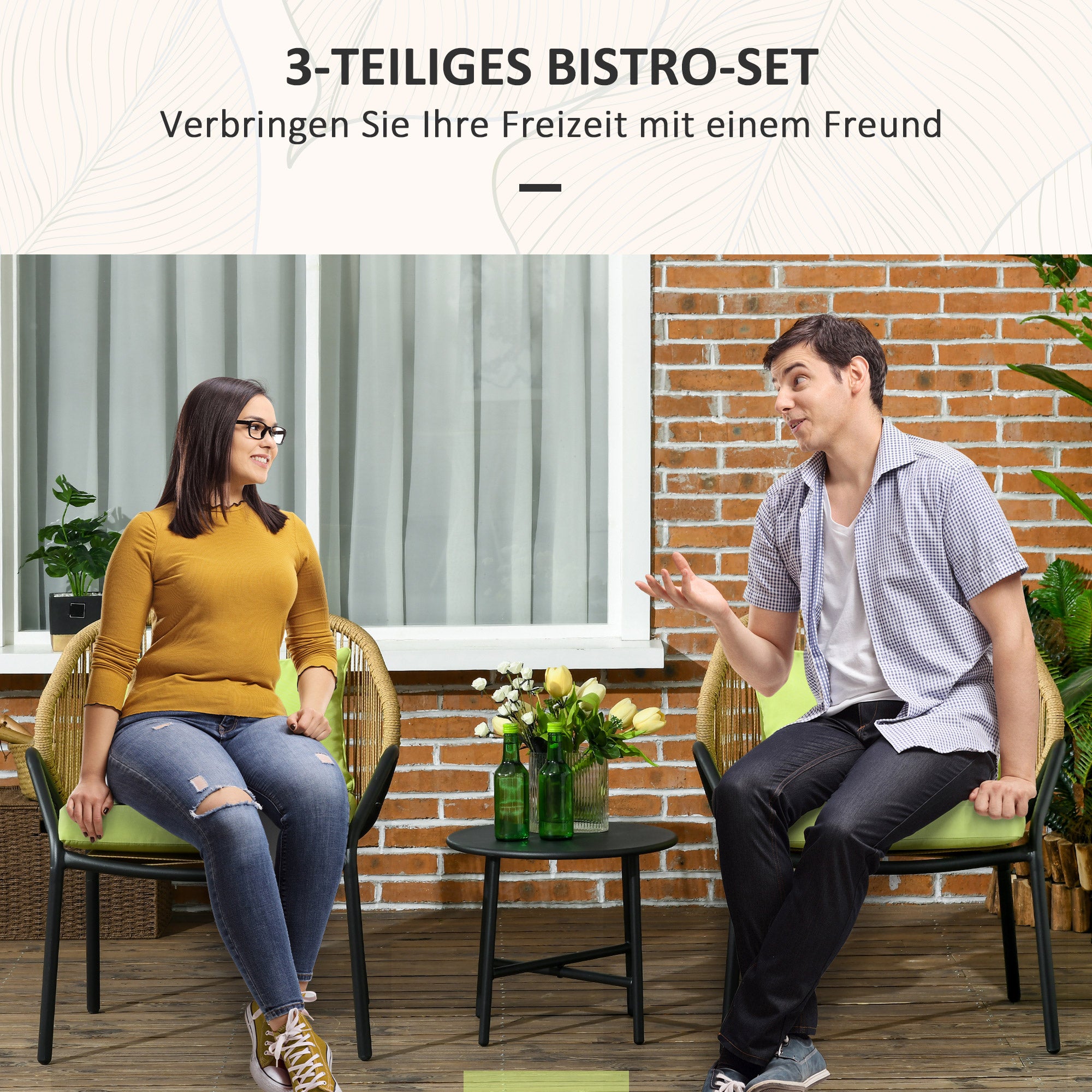 Outsunny Rattan Terrassengarnitur, 3-teilig, Sitz- und Rückenkissen, Kunstrattan, Metallrahmen, Grün