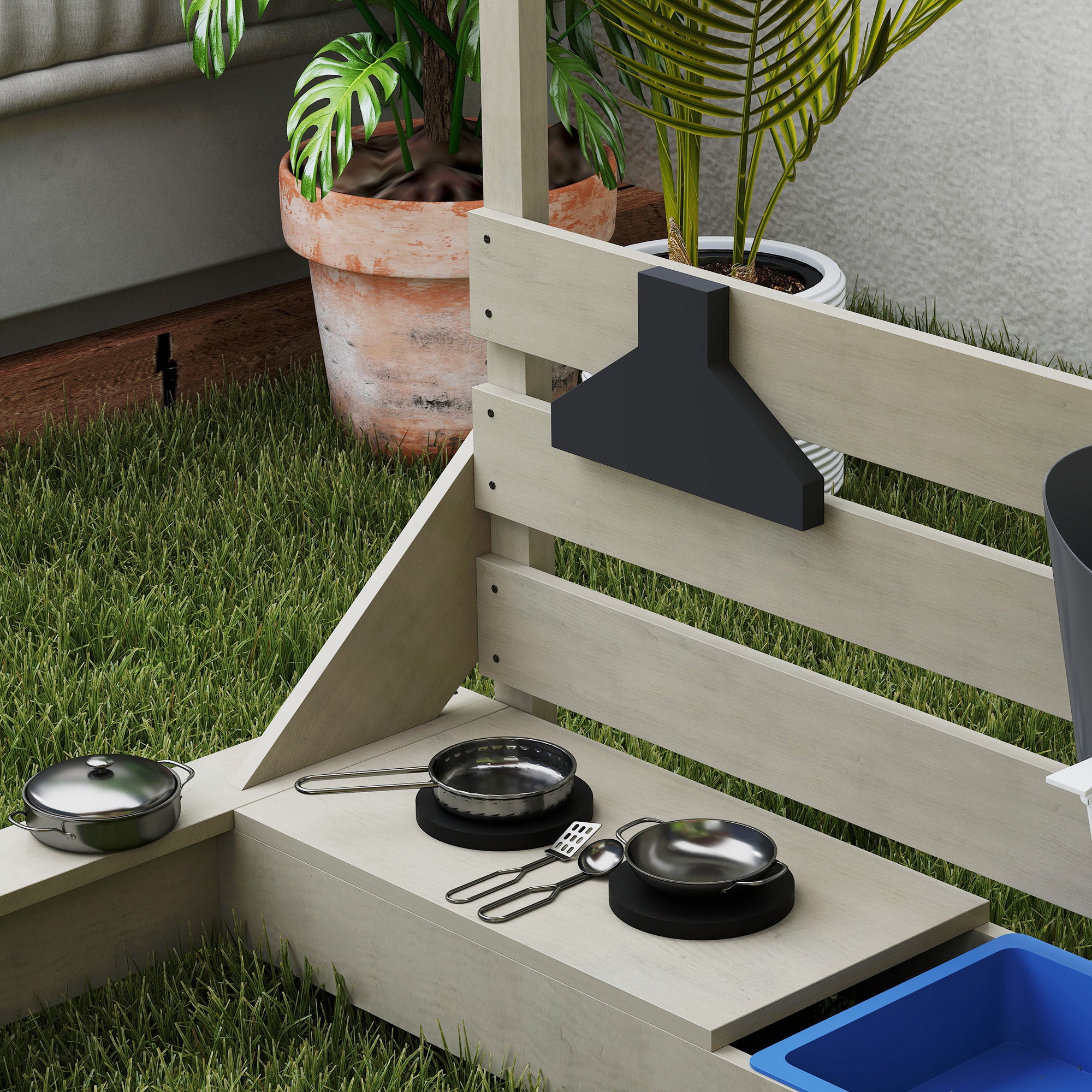 Outsunny Sandkasten mit Sonnendach Piratenschiff, inkl. Kinderküchenspielset, Massivholz, 180 x 103 x 144,5 cm, Grau