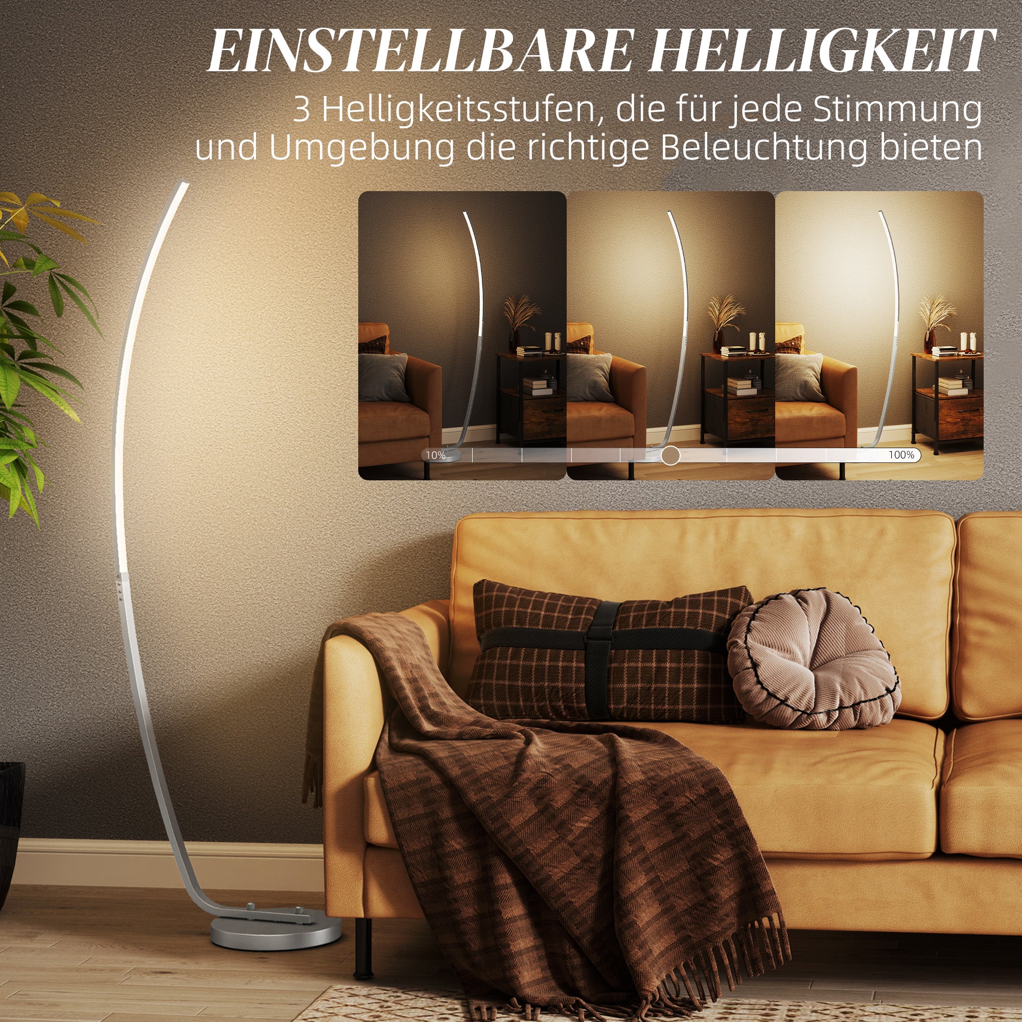 HOMCOM LED-Flurlampe mit anpassbarer Helligkeit, Moderne Stehlampe mit Fußschalter für Schlafzimmer, Wohnzimmer, Silber