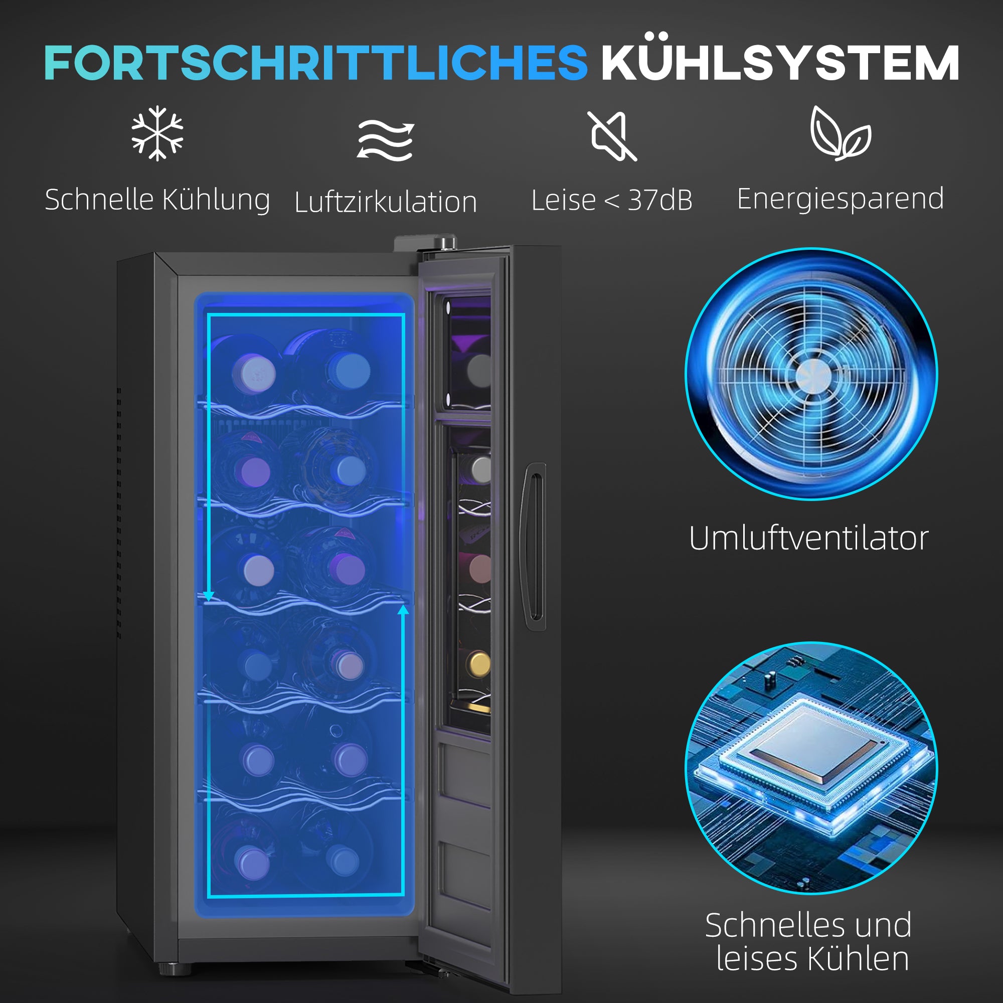 HOMCOM Weinkühlschrank für 12 Flaschen, mit Glastür, Getränkekühlschrank mit LED-Licht, Touch-Screen, Schwarz