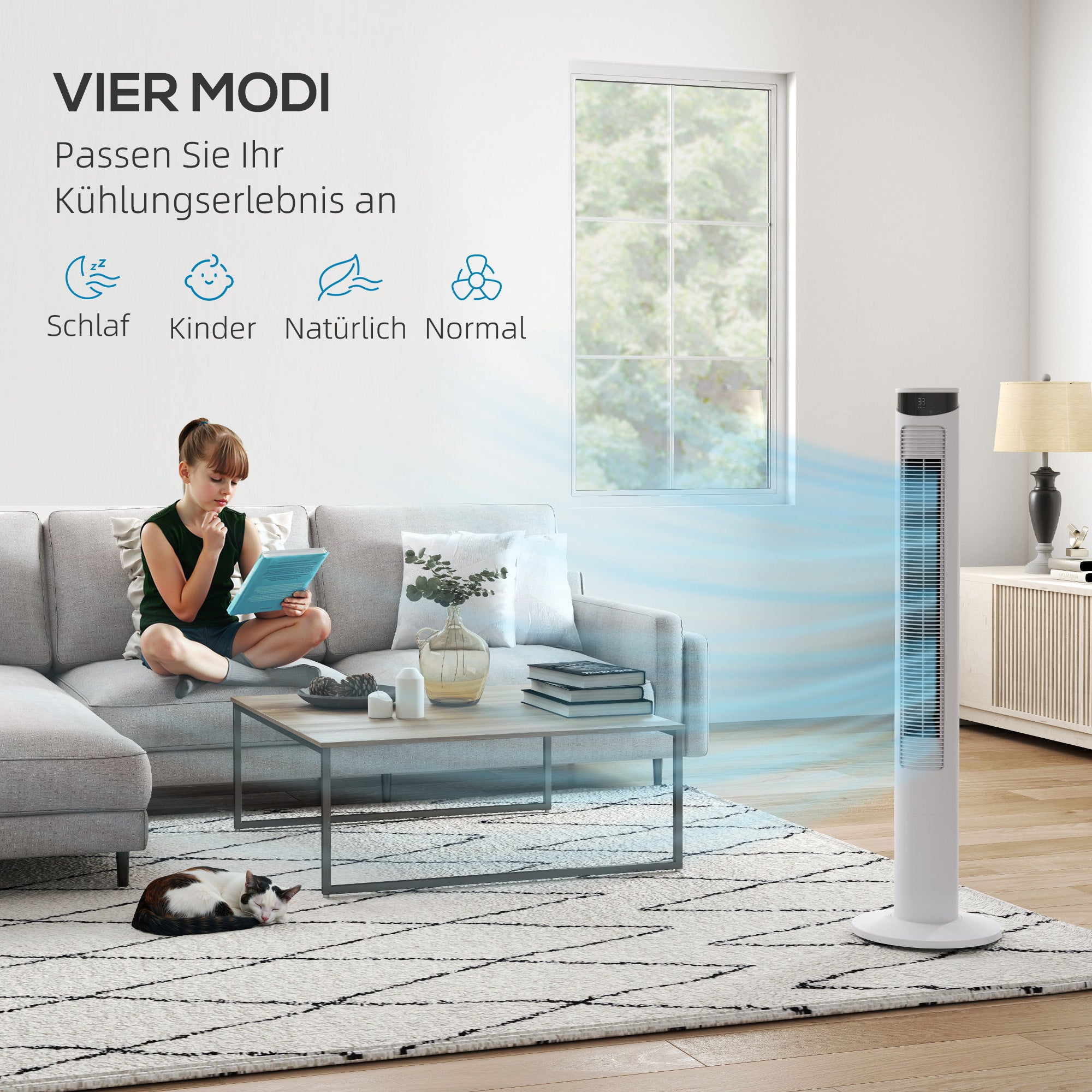 HOMCOM Turmventilator, Klimaanlage mit 4 Modi, 3 Geschwindigkeiten, Timer, Weiß