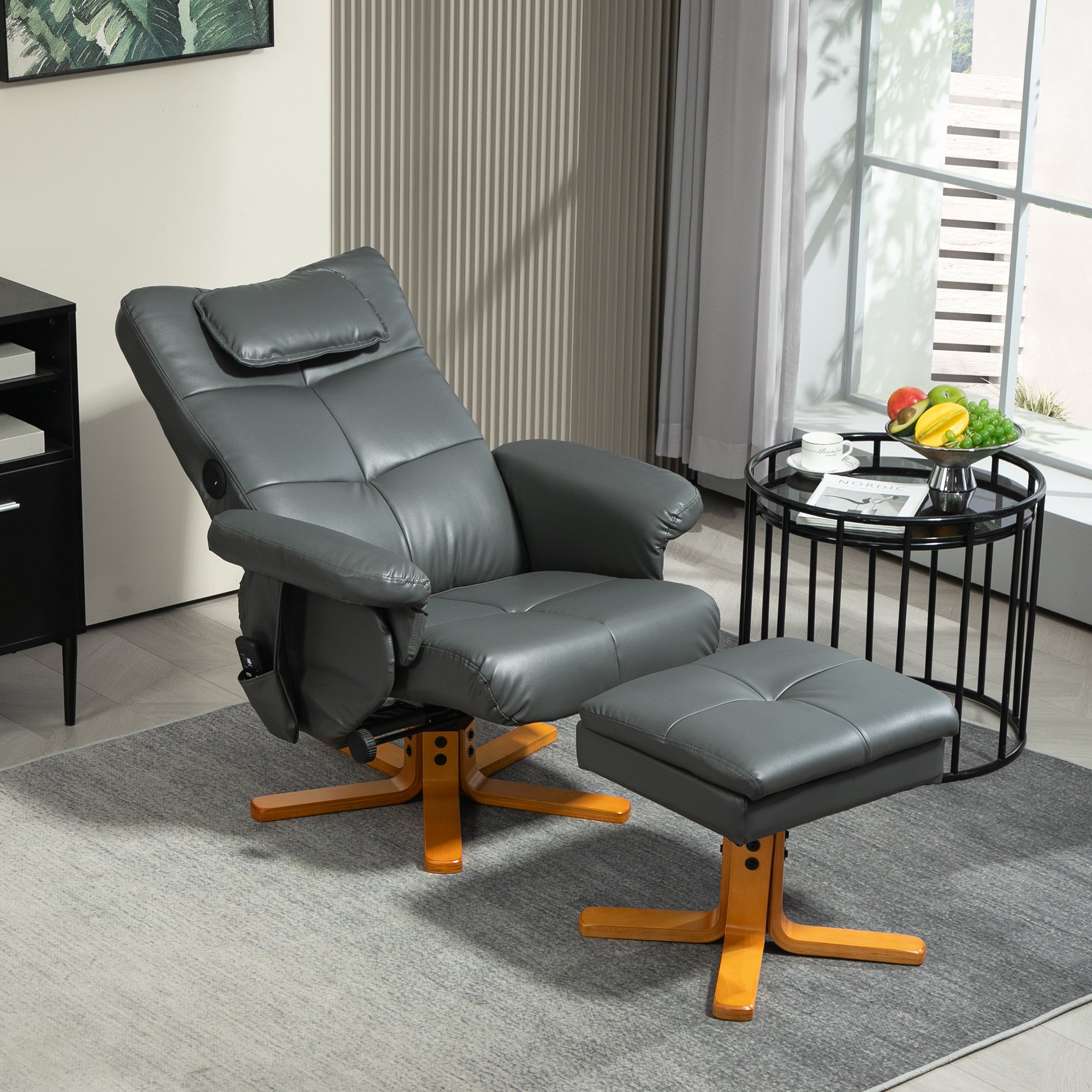 HOMCOM /Massagesessel mit Hocker, verstellbare Lehne, USB-Ladeport, Lederoptik, bis 150 kg, Dunkelgrau