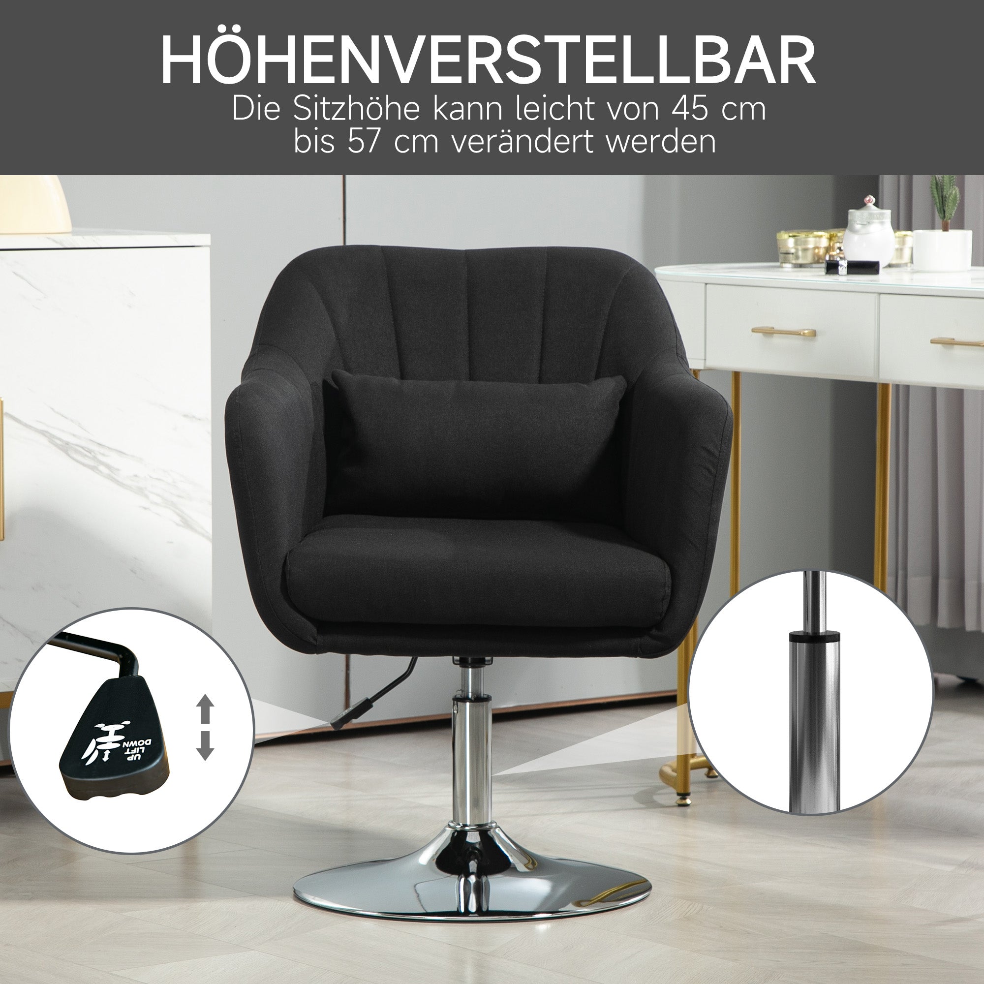 HOMCOM Drehstuhl, höhenverstellbarer Bürostuhl, leinenartiges Polyester, Metall, 60 x 60 x 79-91 cm, Schwarz