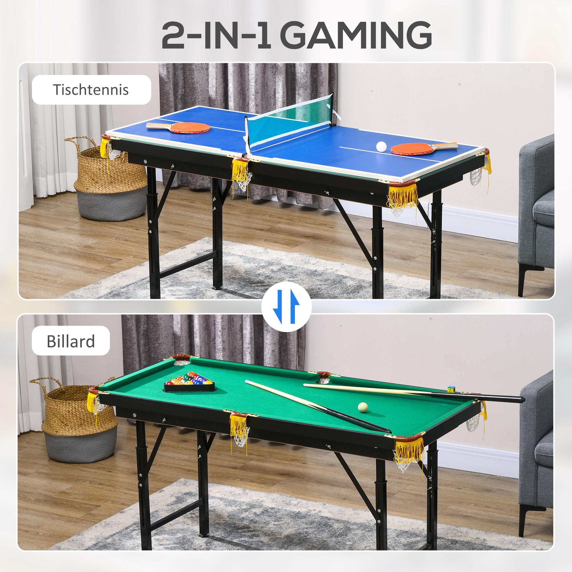 SPORTNOW 2-in-1 Billardtisch, Tischtennisplatte, mit Zubehör, 140x63x80cm, Blau/Grün
