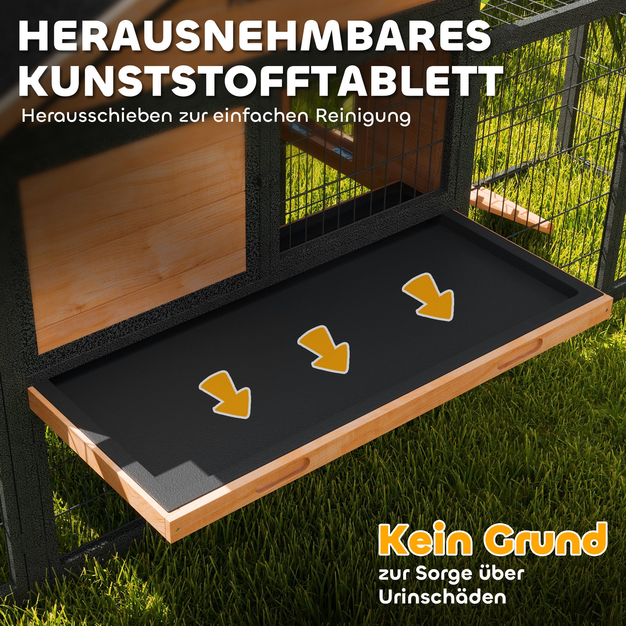 PawHut Hasenstall 2 Ebenen Kaninchenstall aus Vollholz Winterfest Doppelstockhaus mit Freilaufgehege 217x53x86 cm Gelb