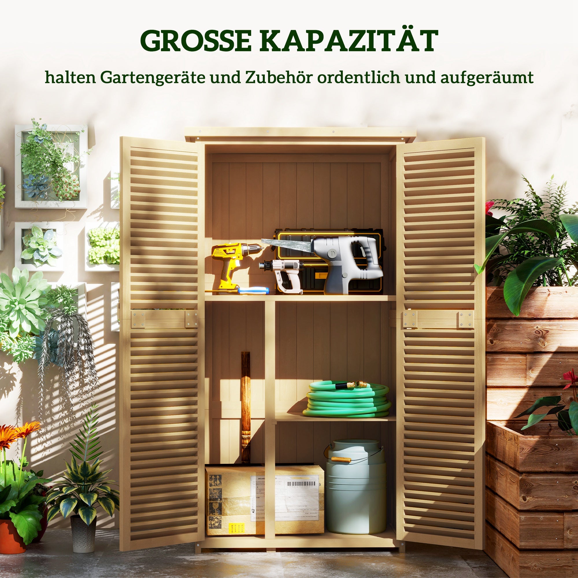 Outsunny Gartenkommode wetterfest, 2 Türen mit Schloss, Kiefernholz, 87L x 46,5B x 160H cm, Hellgelb