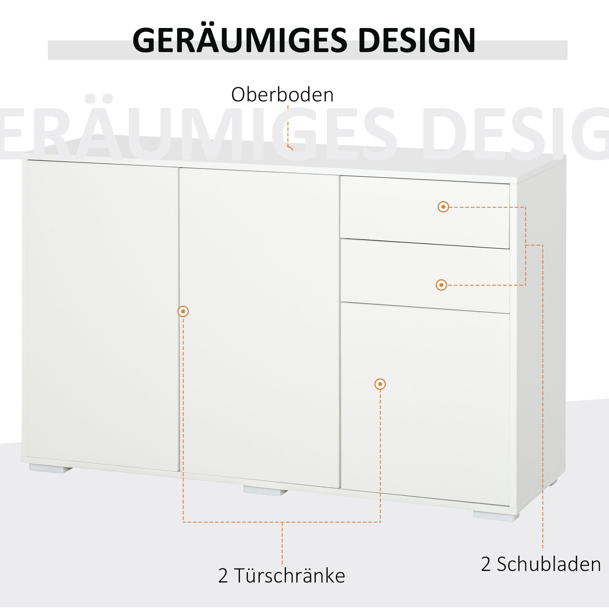 HOMCOM Sideboard Kommode Anrichte, 2 Schubladen, Push-Click, 117 cm x 36 cm x 74 cm, Weiß