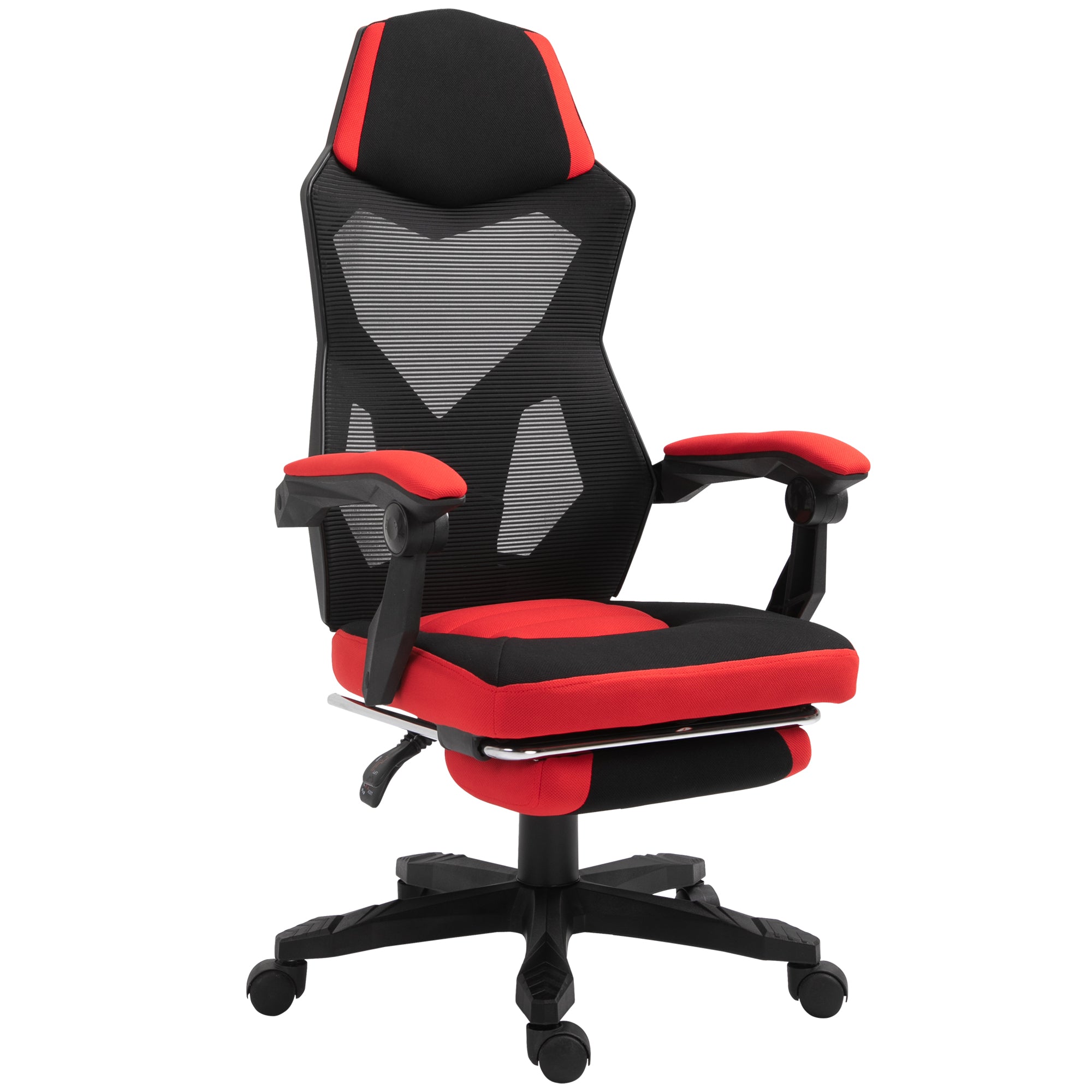 Vinsetto Ergonomischer Bürostuhl, Gaming Stuhl, Drehstuhl mit Fußstütze, PC Stuhl, Chefsessel, höhenverstellbar, Polyester, Schwarz+Rot,58 x 63 x 112-122 cm