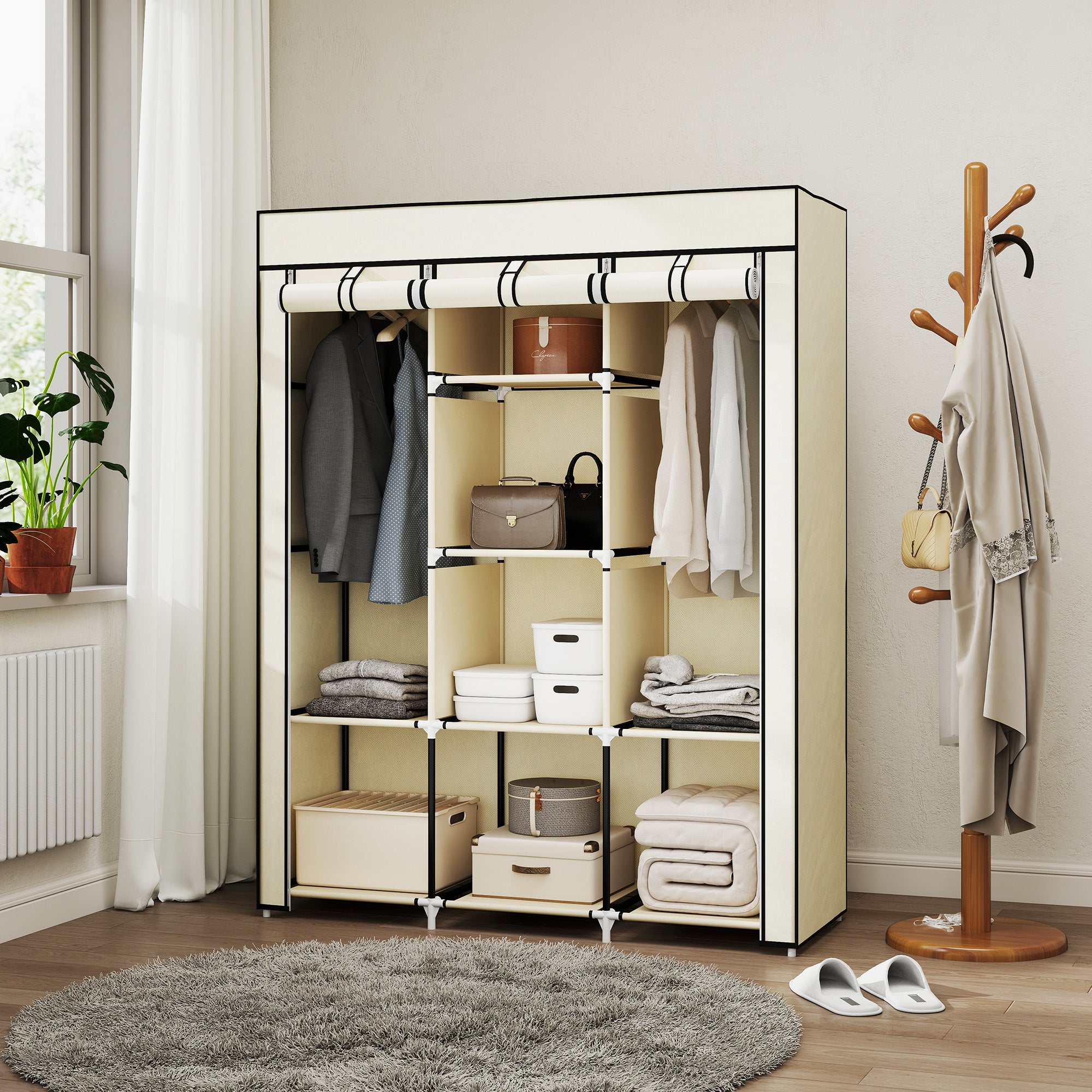 HOMCOM Schrank aus Stoff, Aufbewahrungslösung, 8 Regale, 2 Kleiderstangen, Cremeweiß