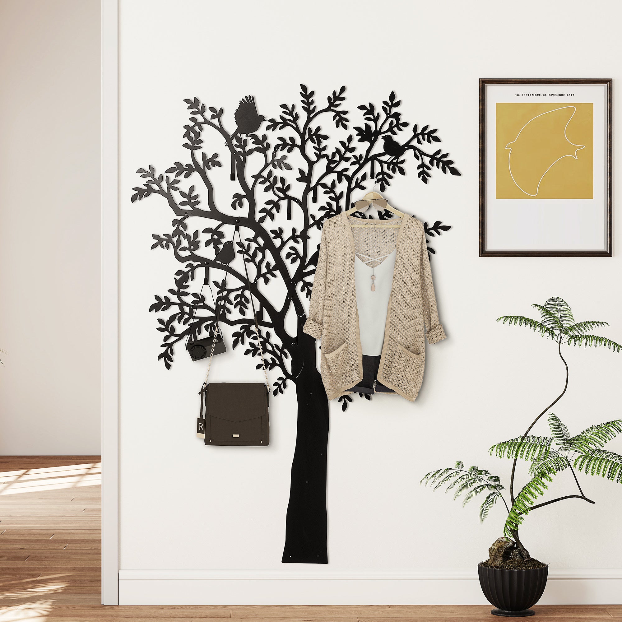 HOMCOM Wandgarderobe, Wandmontierter Mantelhaken, Baumdesign mit Vögeln, Schwarz