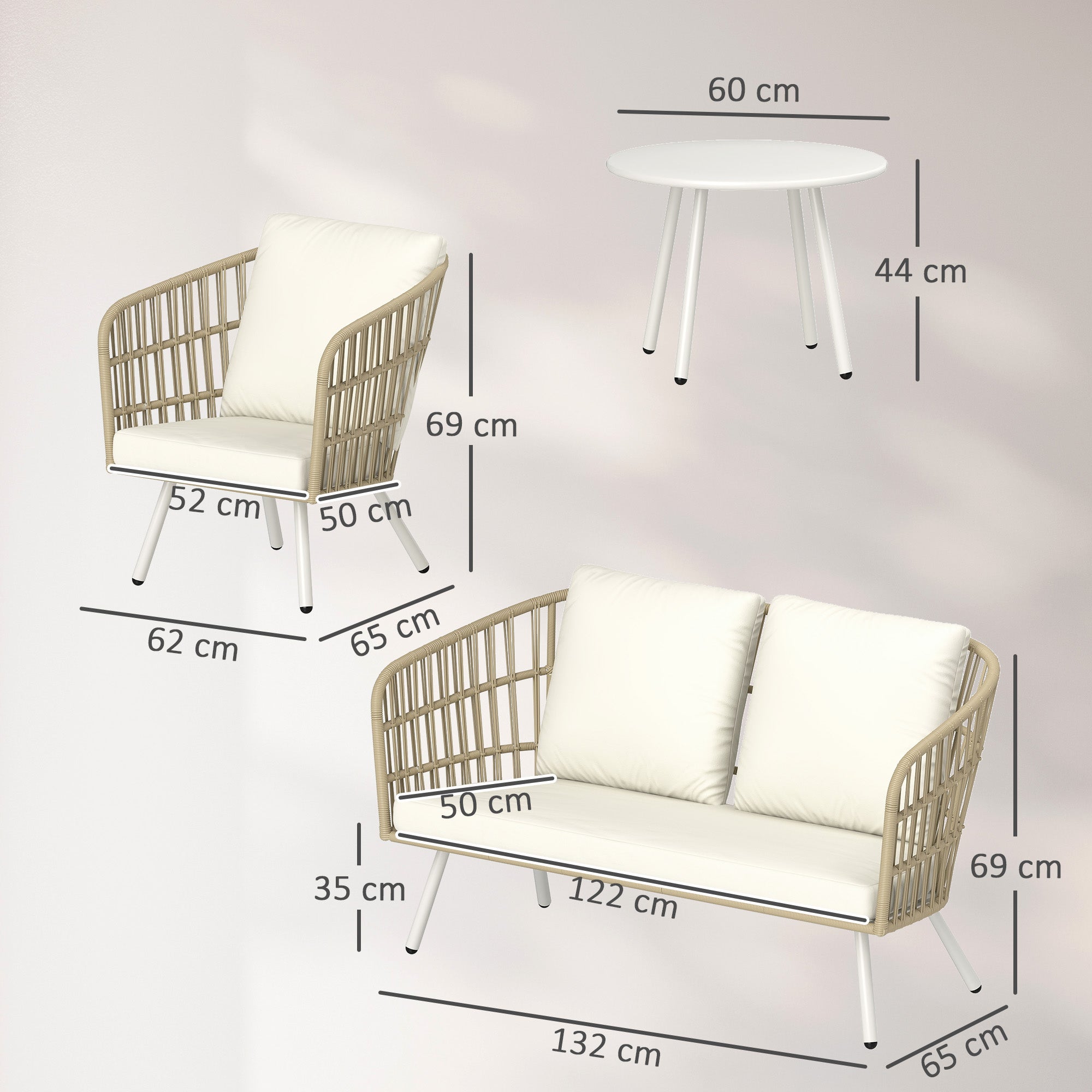 Outsunny Gartenmöbel Set aus Polyrattan Lounge-Set mit 2er Sofa Sessel Tisch Kissen wetterfest für 4 Personen Khaki