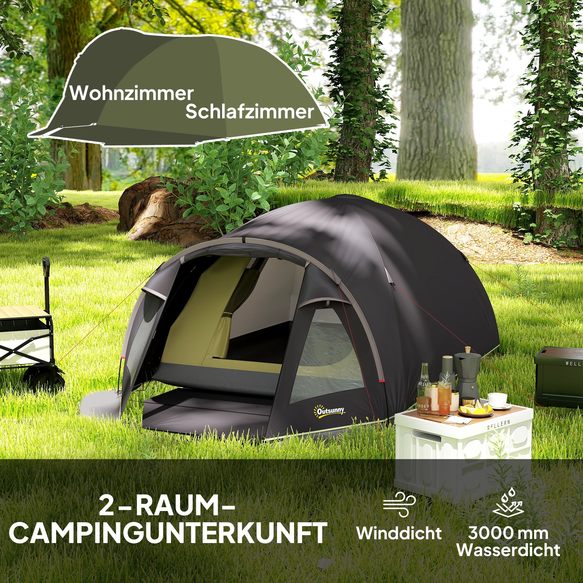 Outsunny Campingzelt für 4 Personen leicht, stabil UV 50+ Tunnelzelt mit Vordach Seitentür&Fenster Schwarz