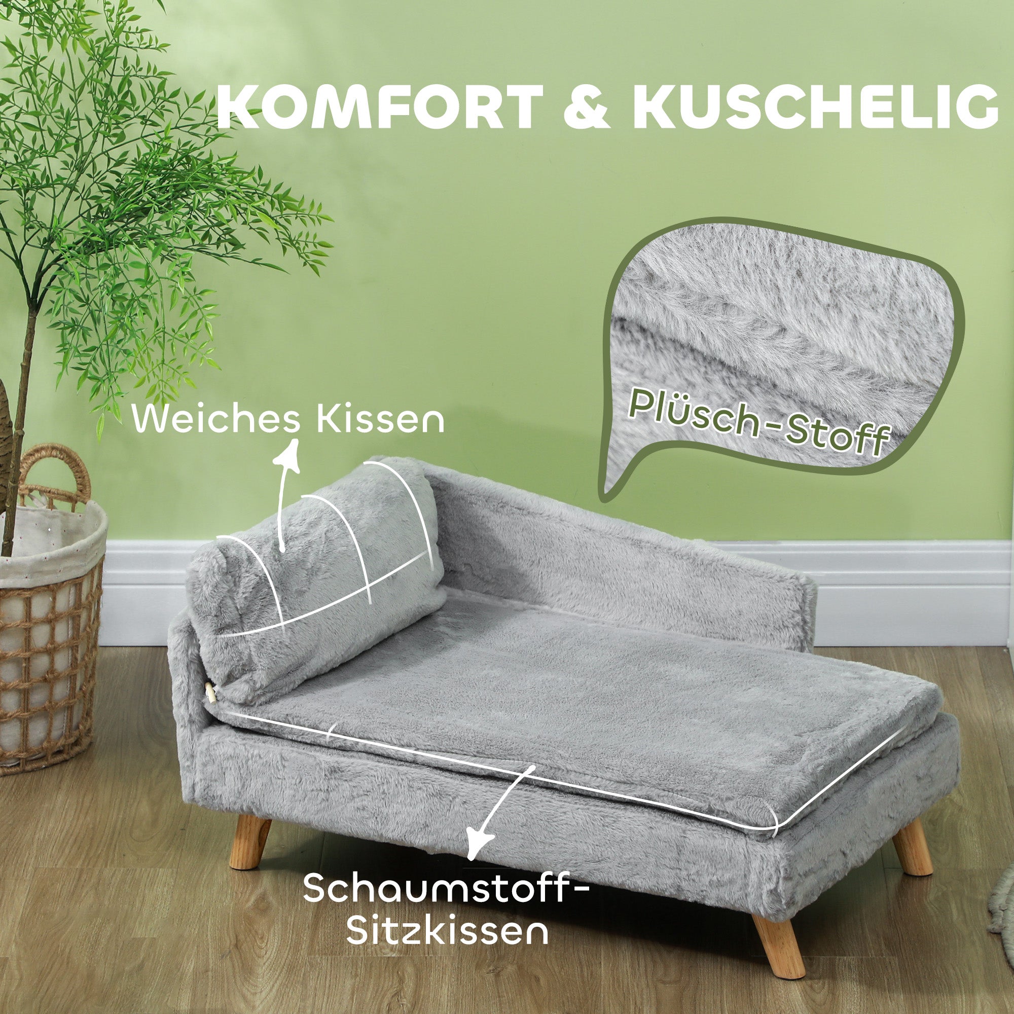 PawHut Hundebett, Hundesofa, waschbarer Plüschbezug, bis 20 kg, 80 x 50 x 40 cm, Hellgrau