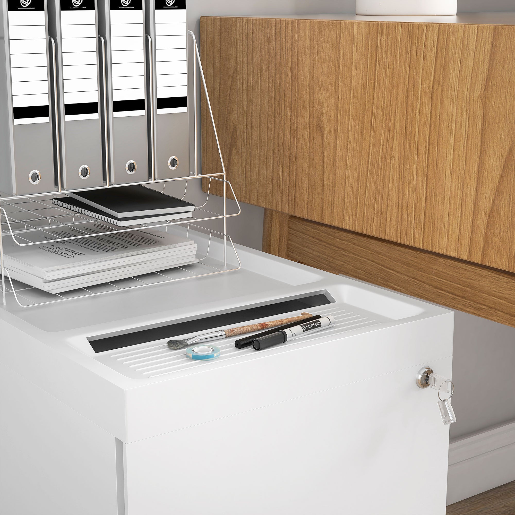 HOMCOM Aktencontainer mit Doppelschloss, Hängeregister, pulverbeschichteter Stahl, 30x50x53,5 cm, Weiß