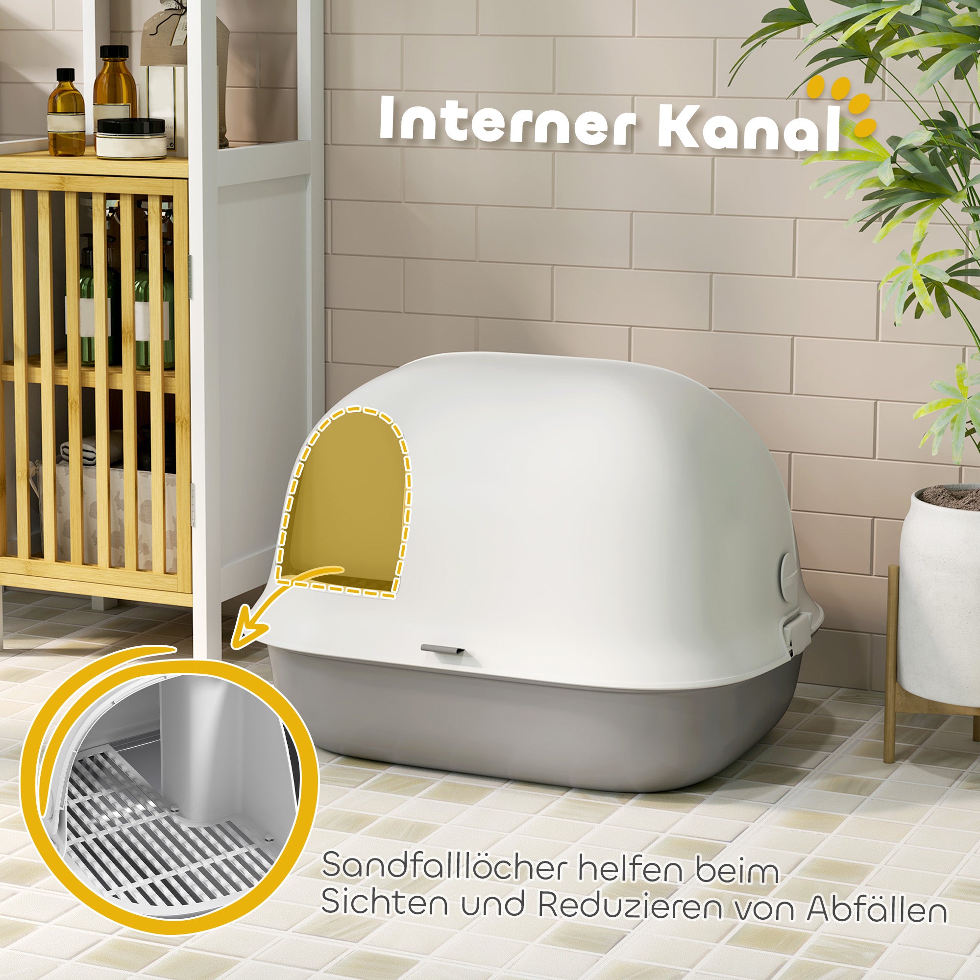 PawHut Katzentoilette mit Deckel, Katzenklo mit internem Kanal, Tür, Schaufel, leicht zu reinigen, Kunststoff, Hellgrau