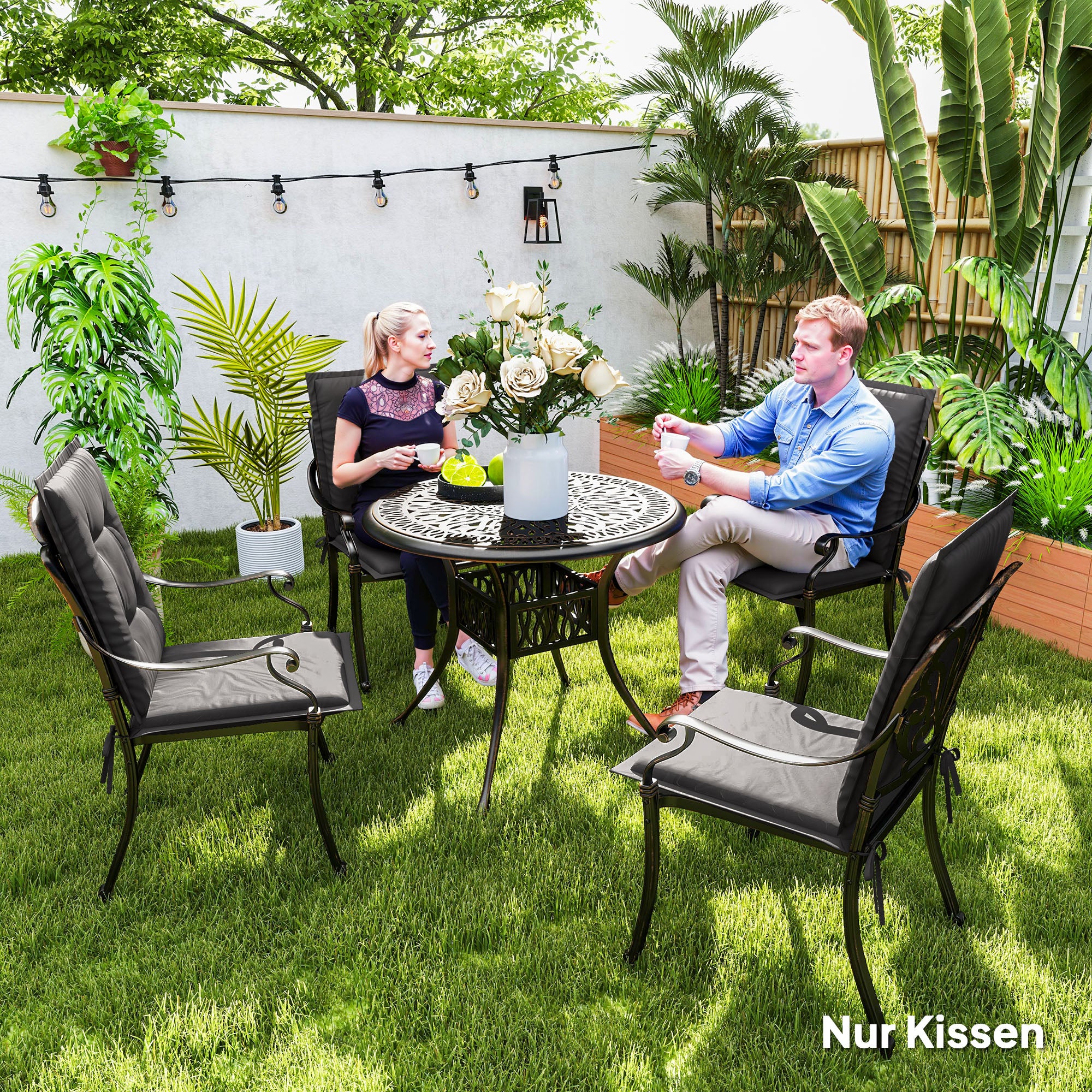 Outsunny 4er Set Sitzkissen 108 x 50 x 5 cm Stuhlkissen mit Bändern, Outdoor Indoor Sitzauflage Dunkelgrau