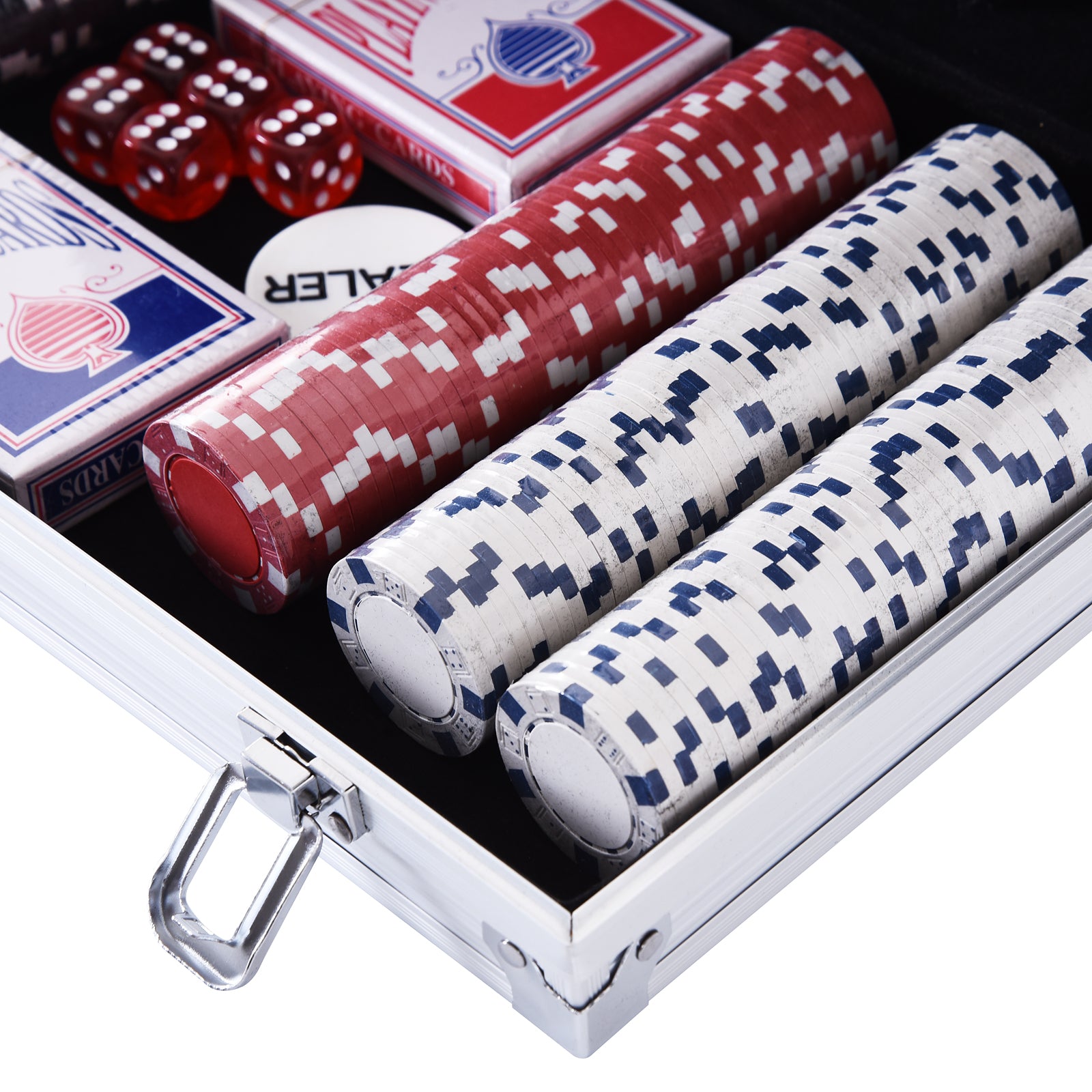 HOMCOM Pokerkoffer abschließbar Pokerset mit Koffer 300 Chips 5 Würfel 2 Kartendecks Zubehör, Pokerchips Komplett Set Pokerspiel Kartenspiele Aluminiumkoffer für Texas Hold'em, Blackjack