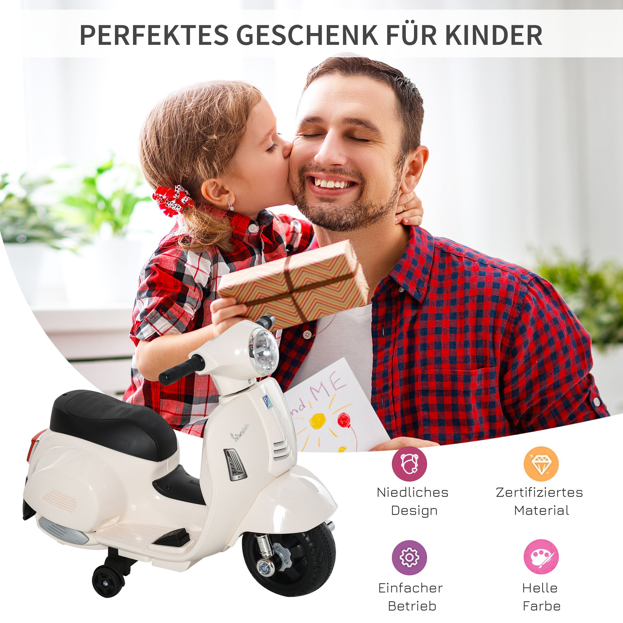 HOMCOM Elektro Kindermotorrad Vespa Elektromotorrad mit LED-Licht, Sound, Kinder Elektro Motorrad für Kinder von 18-36 Monate Weiß