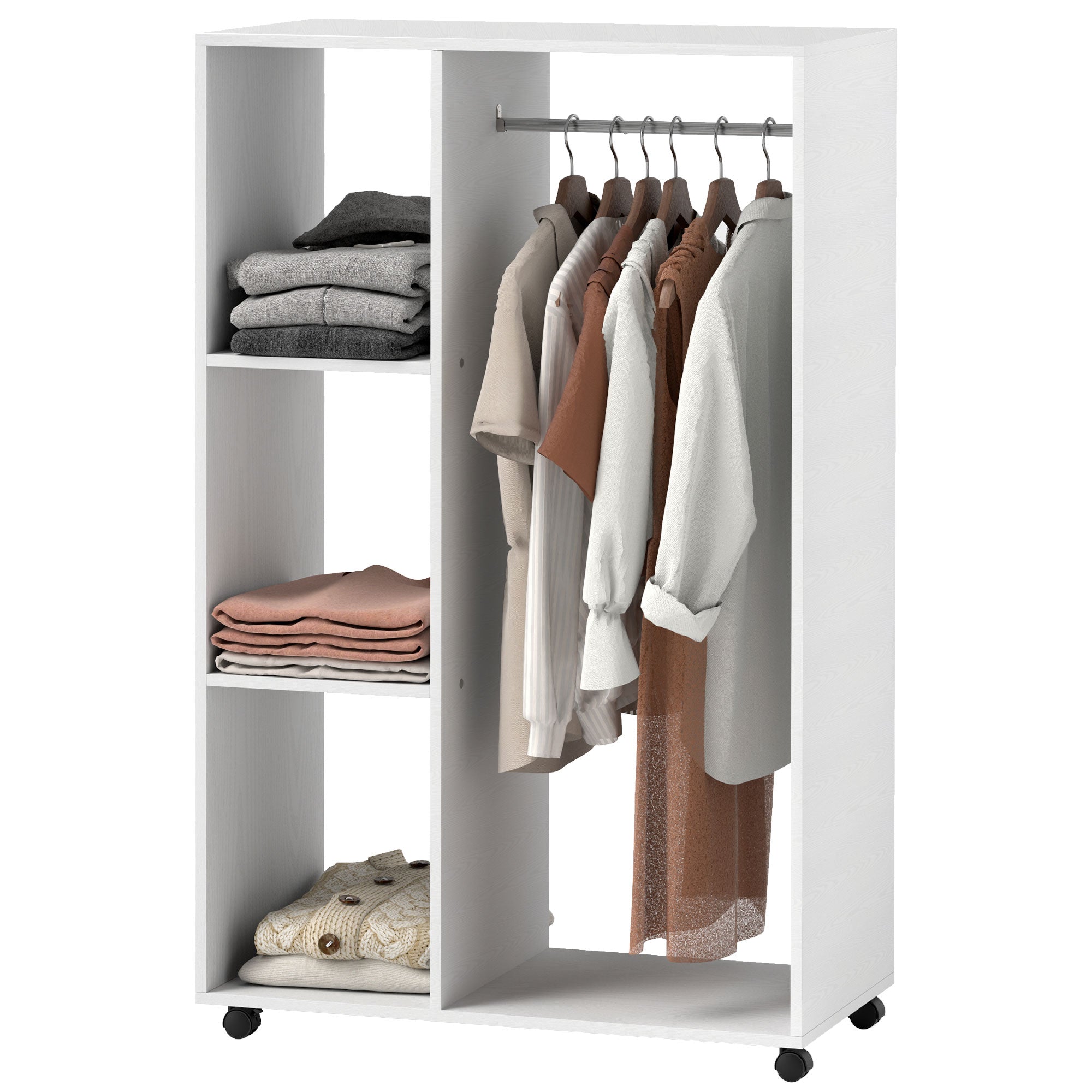 HOMCOM Kleiderschrank auf Rollen, mobile Garderobe, Garderobenschrank, Rollbarer Kleiderständer, 80 x 40 x 128 cm, Weiß