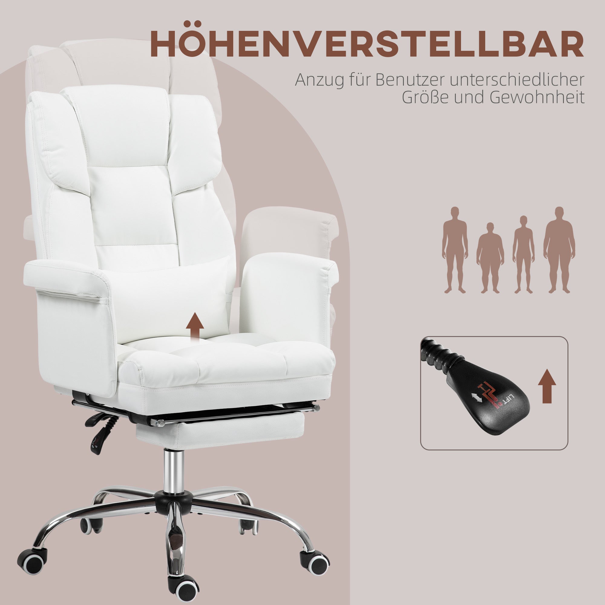 HOMCOM Ergonomischer Bürostuhl, höhenverstellbar 48-56 cm, neigbare Rückenlehne, Fußstütze, Weiß