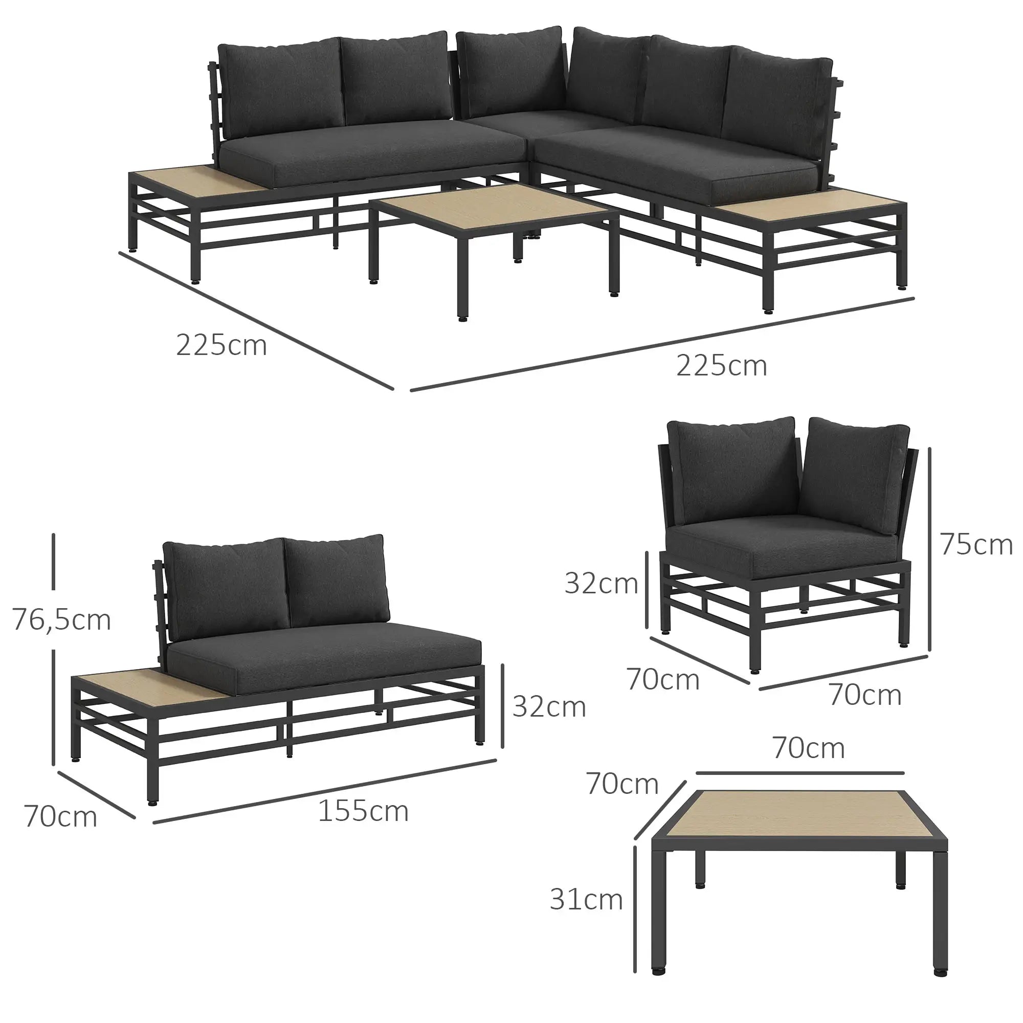 5-tlg. Gartenlounge-Set mit Sofa & Tisch, Grau