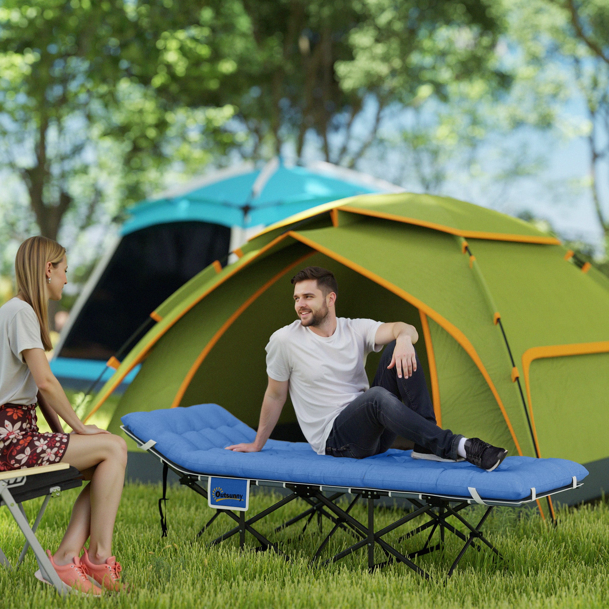 Outsunny Feldbett faltbar Campingbett mit Matratze Kopfkissen Seitentasche 190 x 65 x 37 cm bis 150 kg Dunkelblau