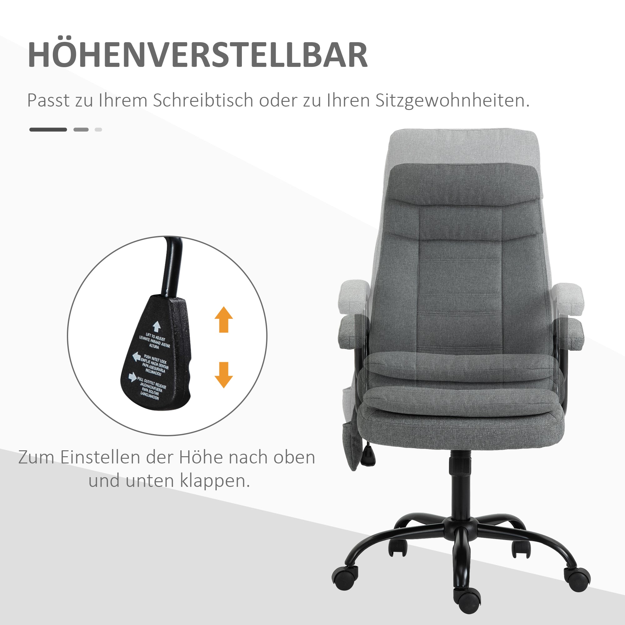 Vinsetto Bürostuhl Massage höhenverstellbarer Chefsessel Gamingstuhl mit Massagefunktion, ergonomischer Drehstuhl Massage Sessel Lendenwirbelsäulenmassage Leinen-Gefühl Grau 63 x 70 x 112-121 cm