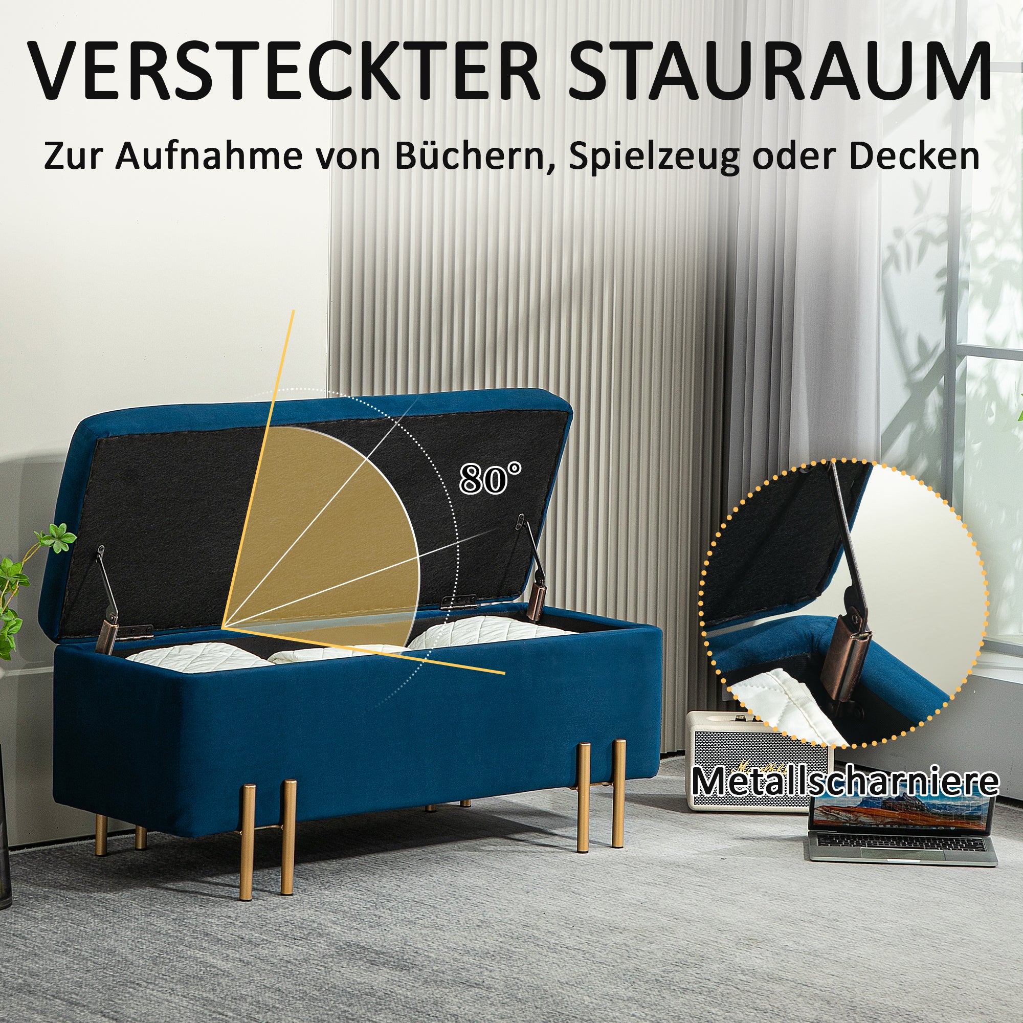 HOMCOM Sitzbank, Polsterbank mit Stauraum, Metall, Kautschukholz, Schaumstoff, 100 x 40 x 42 cm, Dunkelblau