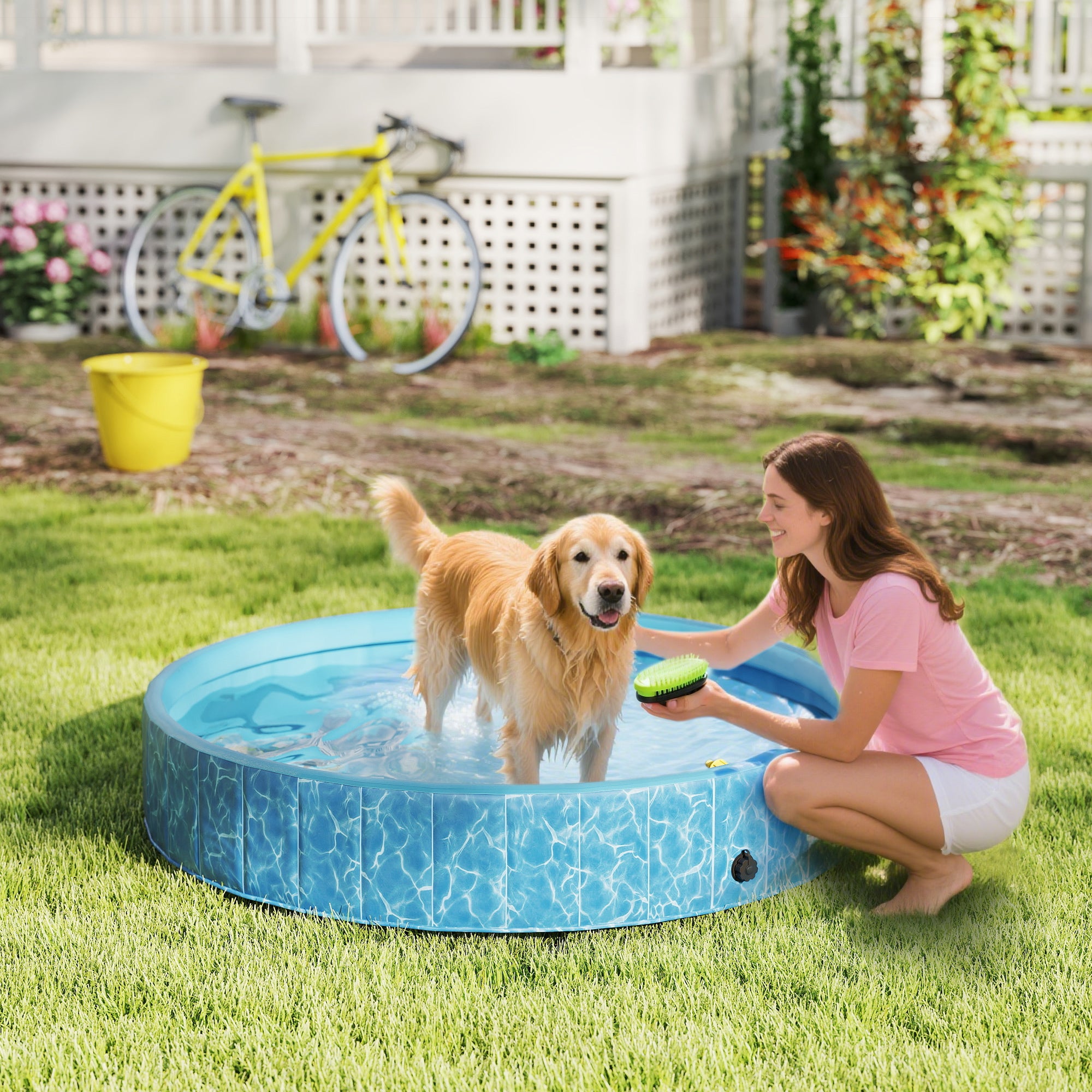 PawHut Hundepool Faltbar Planschbecken mit Brunnen- und Wasserpolsterdesign Ø160 x 30 cm Blau