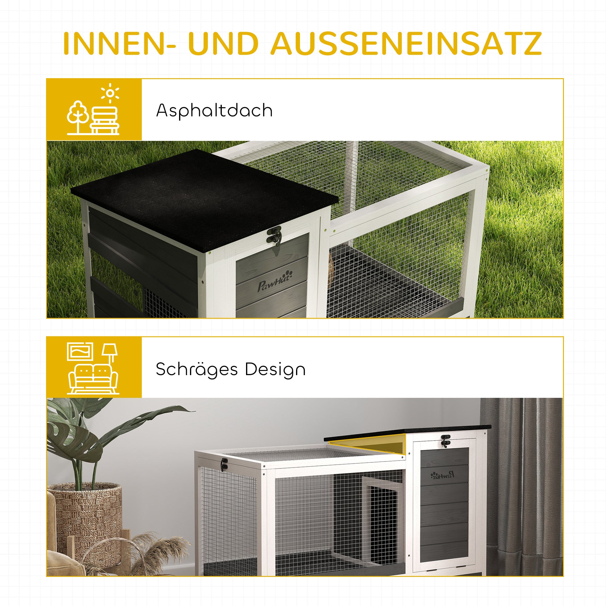 PawHut Kaninchenstall aus Holz Hasenstall mit Freilaufgehege Rädern Klappdach für Innen, draußen 92 x 52 x 67 cm Dunkelgrau