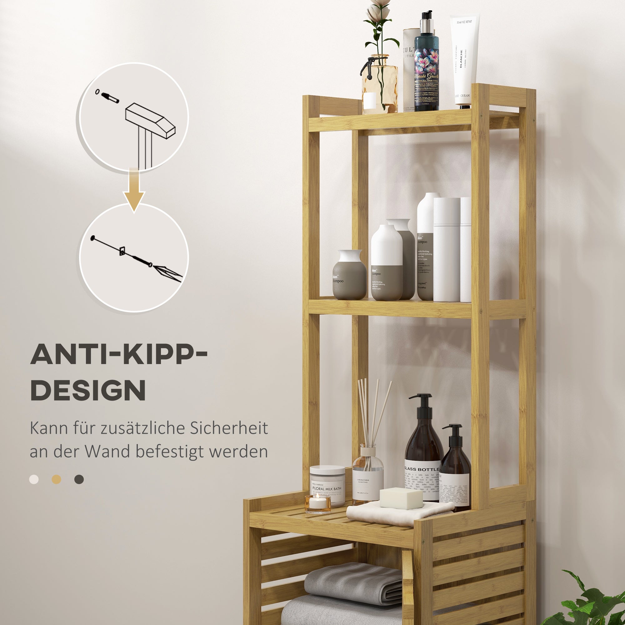 HOMCOM Badezimmerregal Badregal, 3 Regale, 1 Schrank, 38,5 cm x 33 cm x 170 cm, Natur