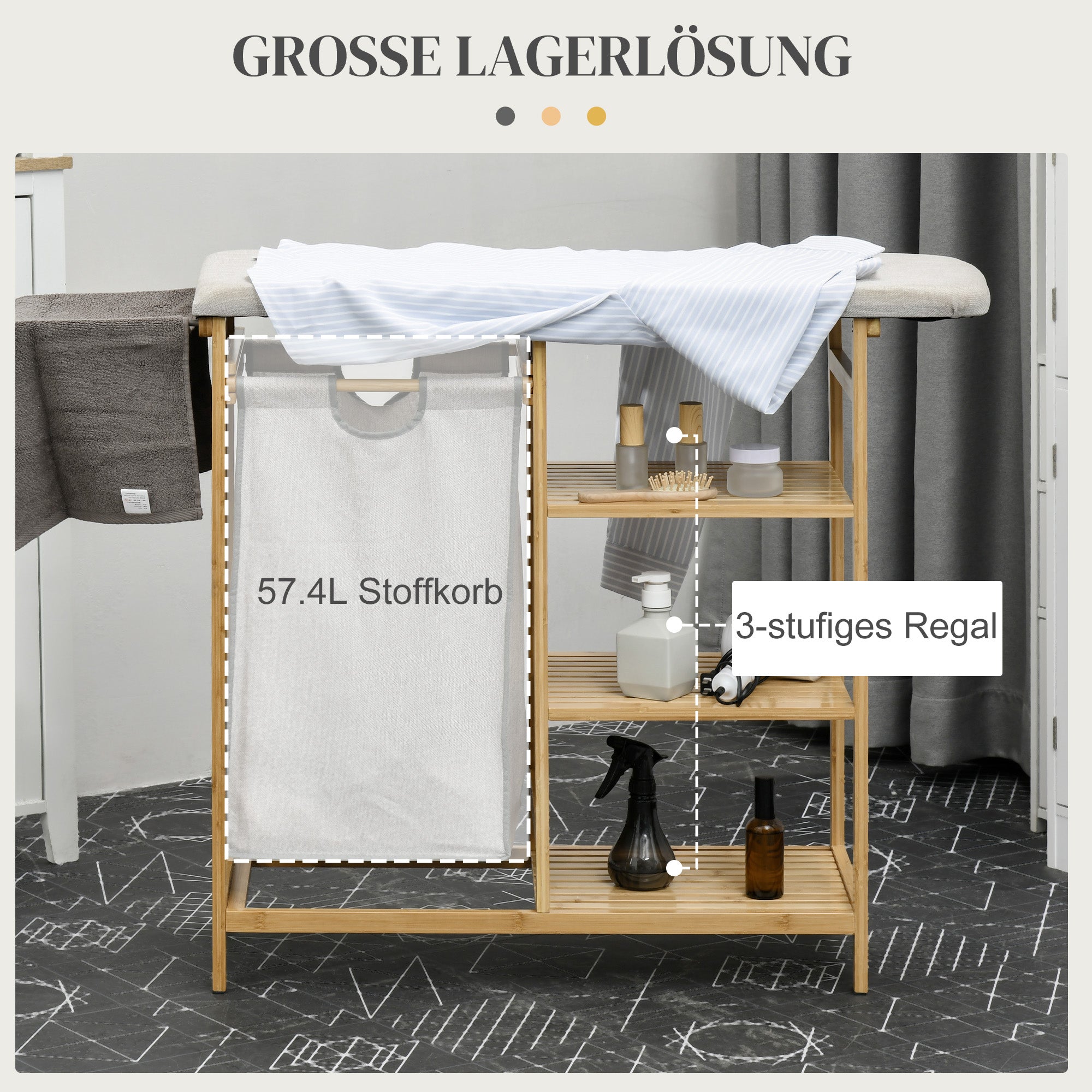 HOMCOM Wäschesammler, multifunktional, Bügelbrett & Stoffsack 57L, Bambusgestell, 113x34x82cm, Natur/Grau