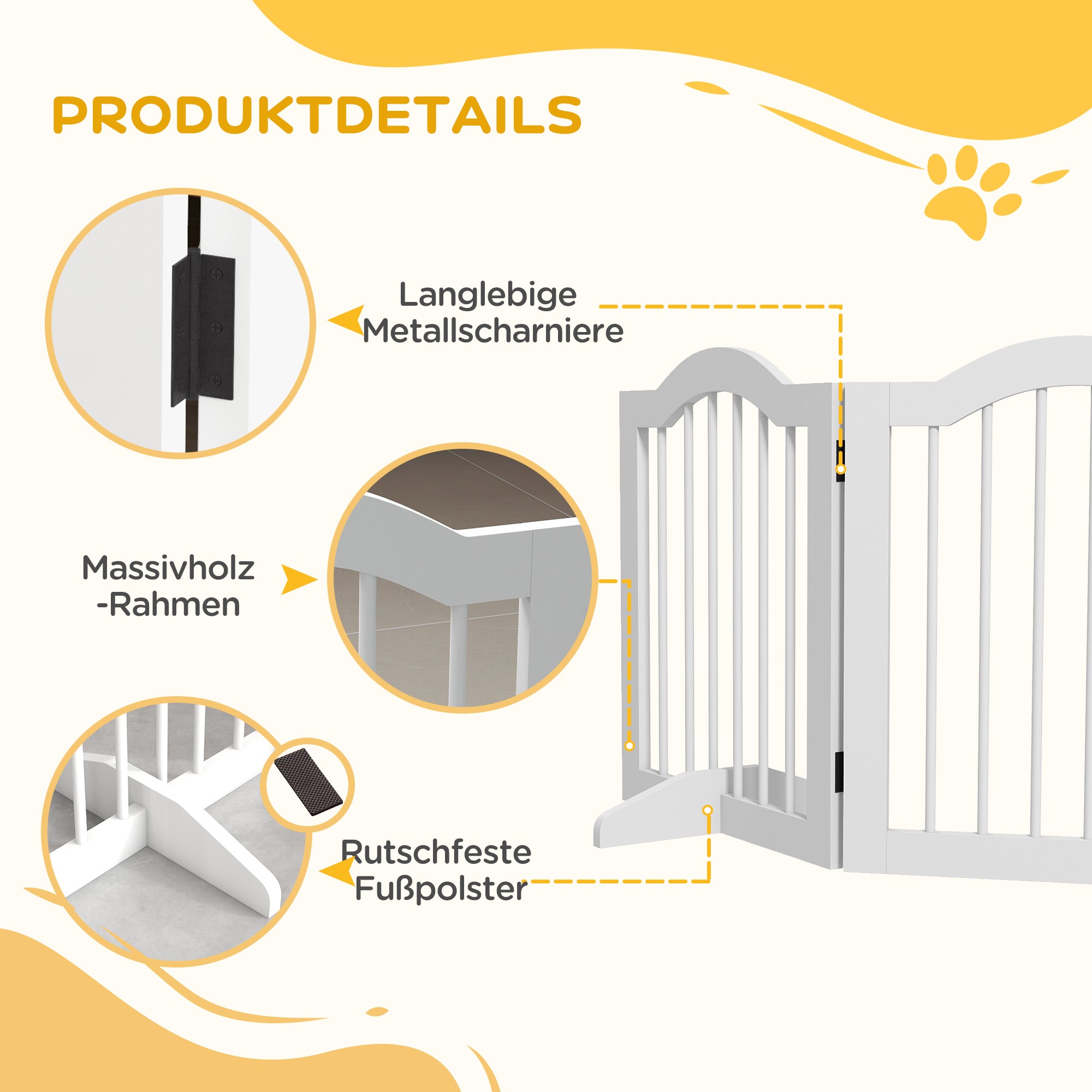 PawHut Faltbares Hunde-Absperrgitter, 4 Paneele, für Treppen, Flure, Türen, MDF/Massivholz, Weiß