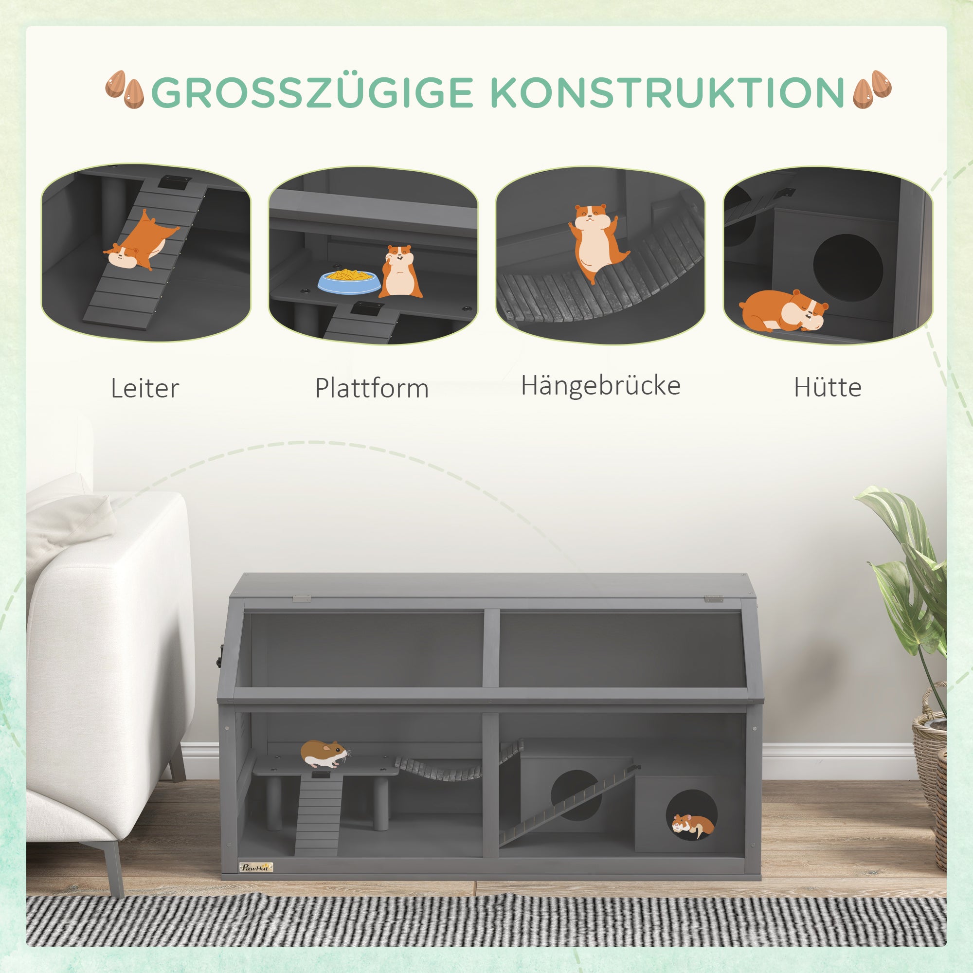 PawHut Kleintierkäfig Nagerkäfig, mit Zubehör, Tannenholz,100 cm x 52 cm x 50 cm, Grau